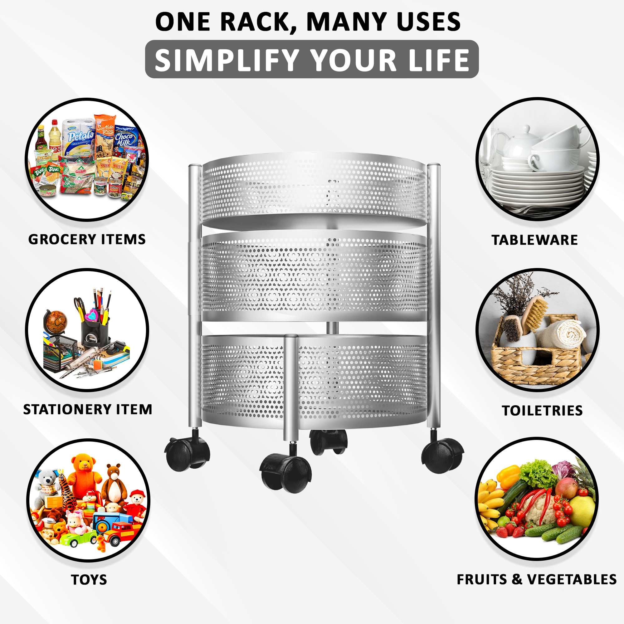 Kuber Industries  Kitchen Storage Rack  Metal Kitchen Trolley with Wheels  Vegetable Rack for Kitchen  Revolving Vegetable  Fruit Stand for Kitchen  Round Shape - Silver