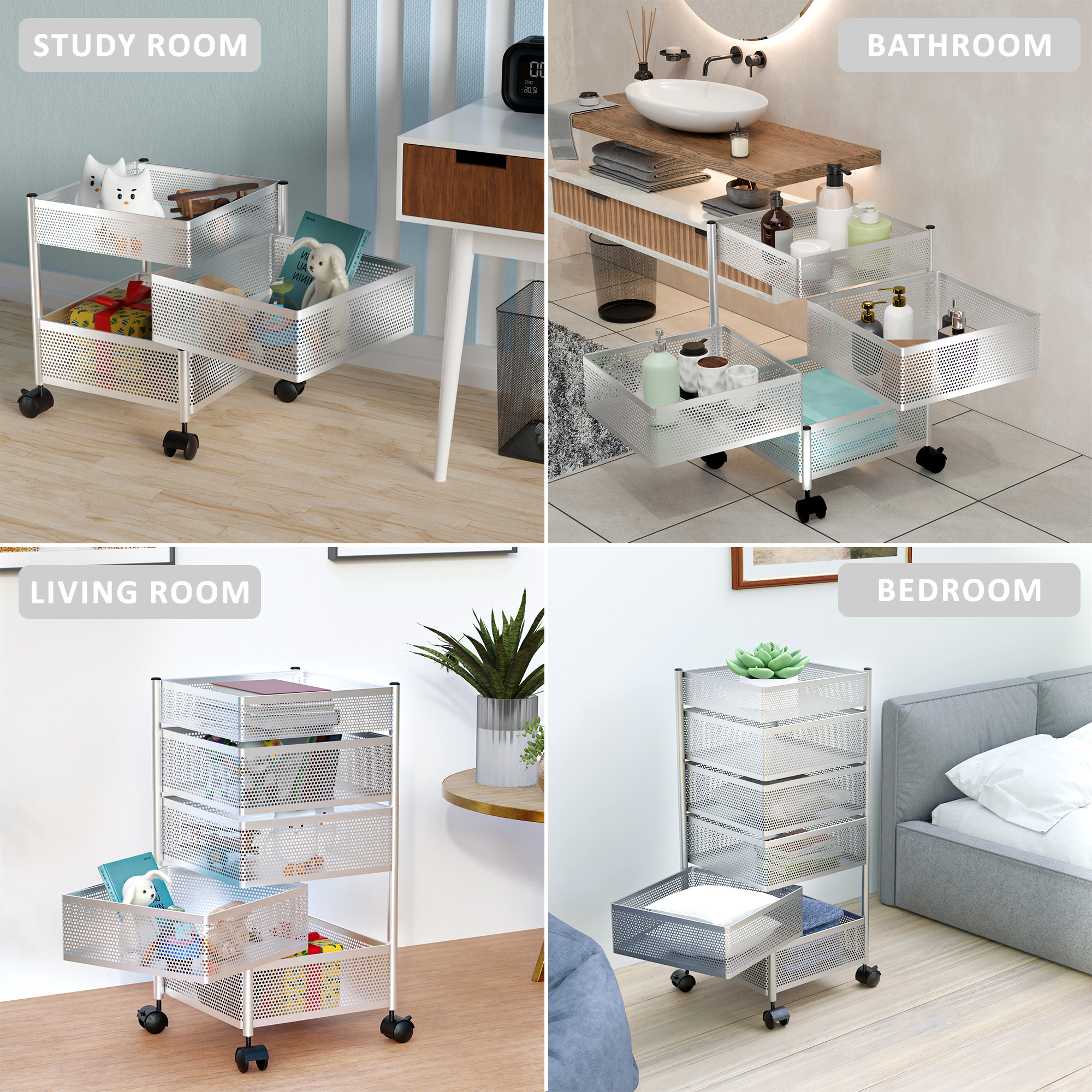 Kuber Industries  Kitchen Storage Rack  Metal Kitchen Trolley with Wheels  Vegetable Rack for Kitchen  Revolving Vegetable  Fruit Stand for Kitchen  Square Shape - Silver