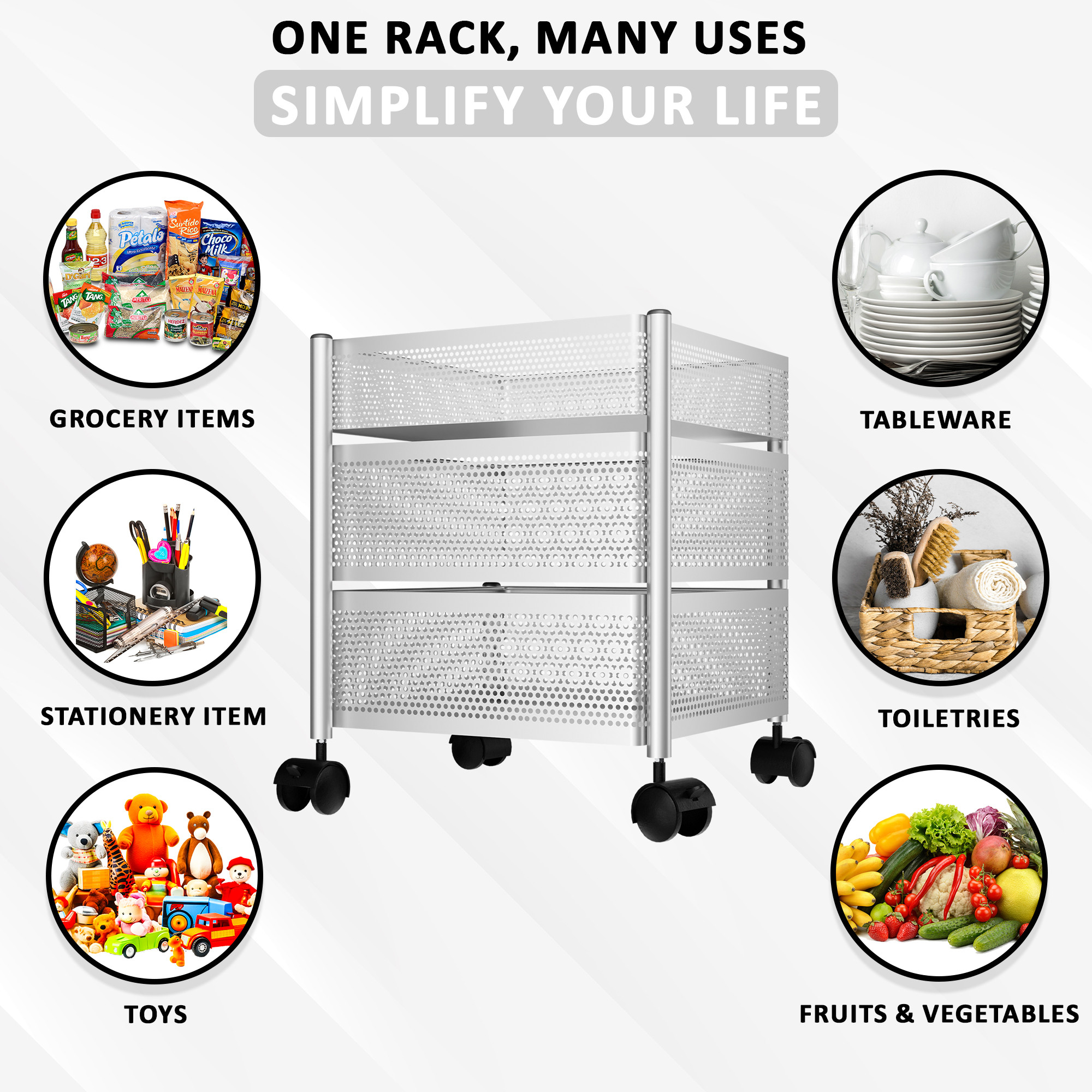Kuber Industries  Kitchen Storage Rack  Metal Kitchen Trolley with Wheels  Vegetable Rack for Kitchen  Revolving Vegetable  Fruit Stand for Kitchen  Square Shape - Silver