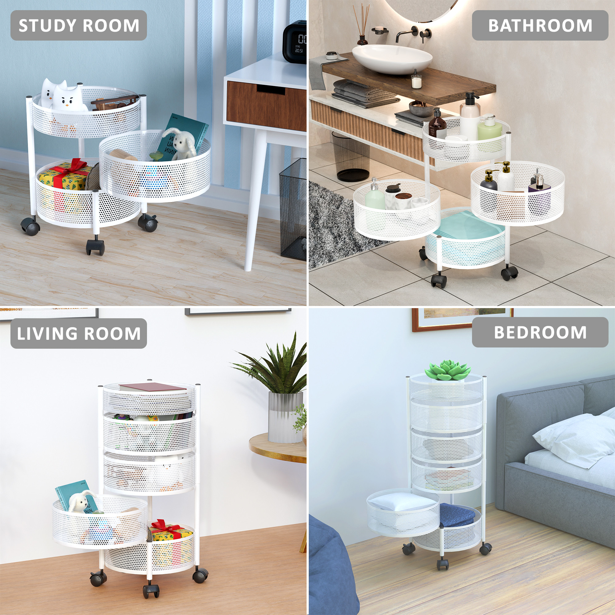 Kuber Industries  Kitchen Storage Rack  Metal Kitchen Trolley with Wheels  Vegetable Rack for Kitchen  Revolving Vegetable  Fruit Stand for Kitchen  Round Shape - White