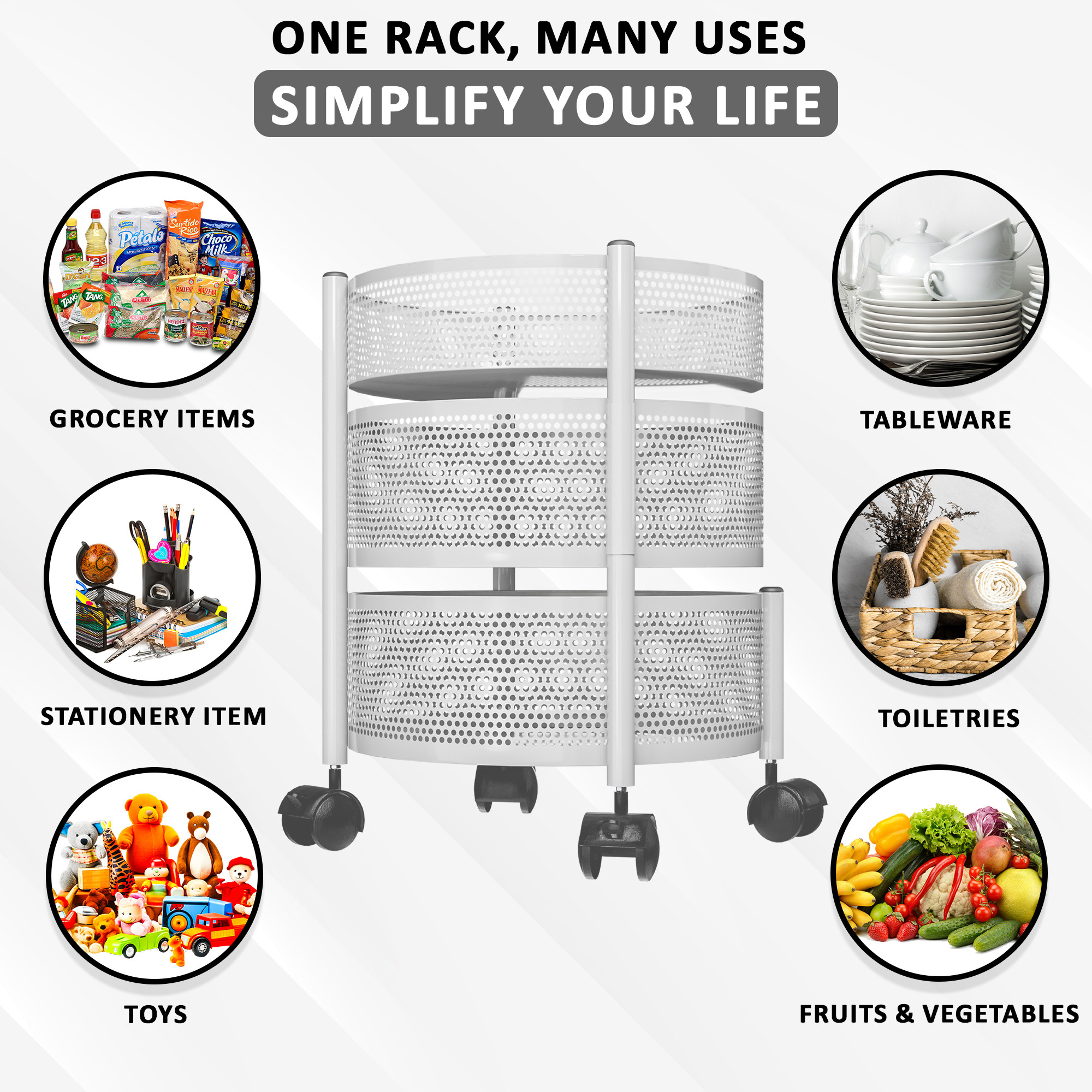 Kuber Industries  Kitchen Storage Rack  Metal Kitchen Trolley with Wheels  Vegetable Rack for Kitchen  Revolving Vegetable  Fruit Stand for Kitchen  Round Shape - White