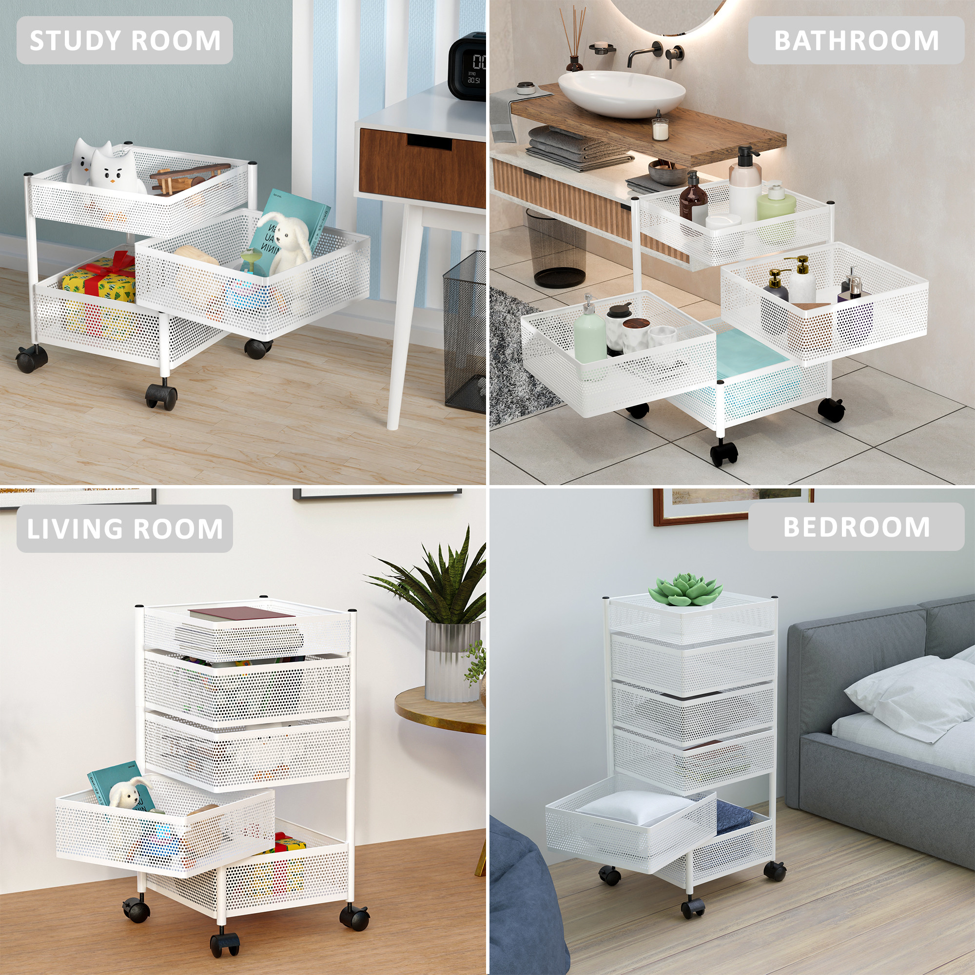 Kuber Industries  Kitchen Storage Rack  Metal Kitchen Trolley with Wheels  Vegetable Rack for Kitchen  Revolving Vegetable  Fruit Stand for Kitchen  Square Shape - White