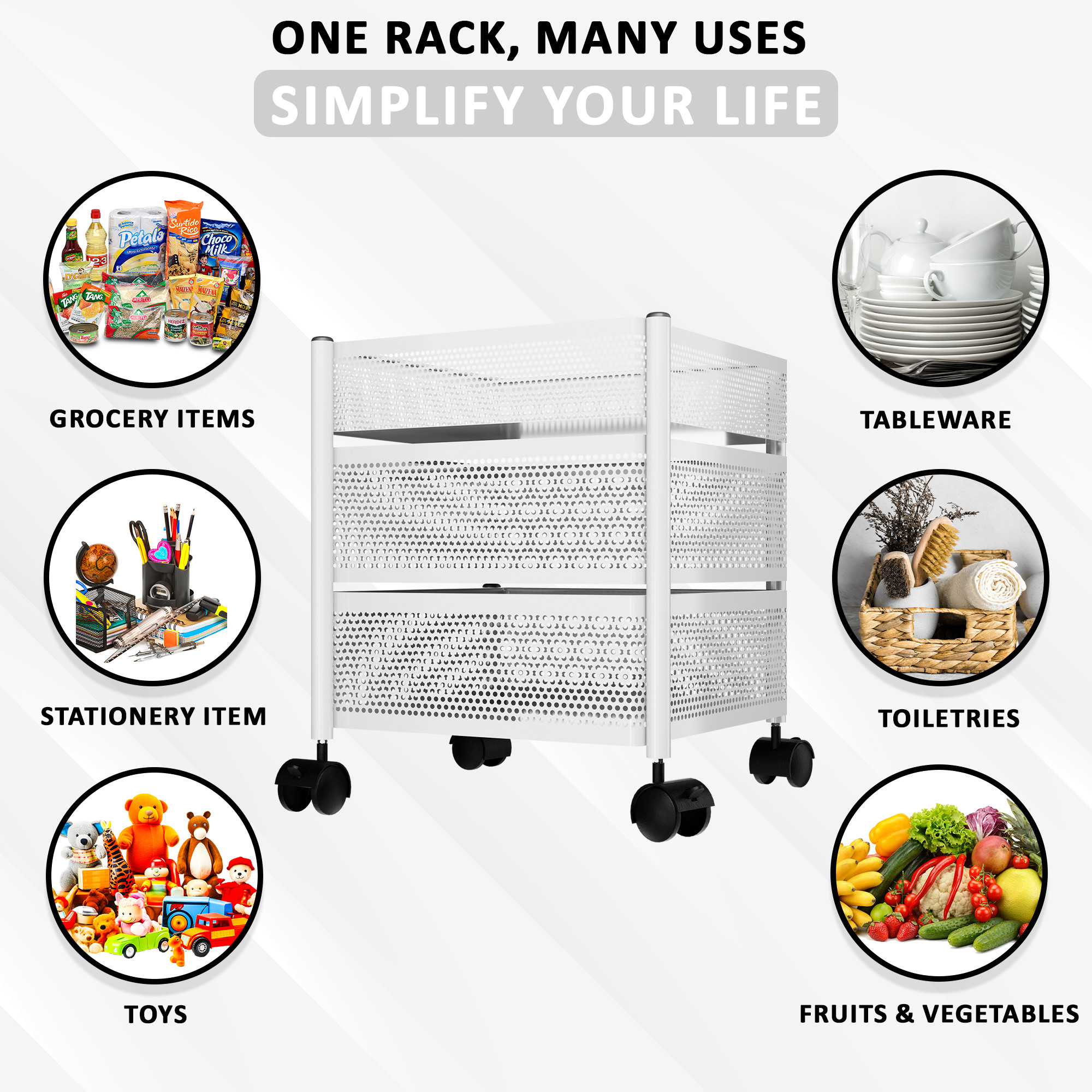 Kuber Industries  Kitchen Storage Rack  Metal Kitchen Trolley with Wheels  Vegetable Rack for Kitchen  Revolving Vegetable  Fruit Stand for Kitchen  Square Shape - White
