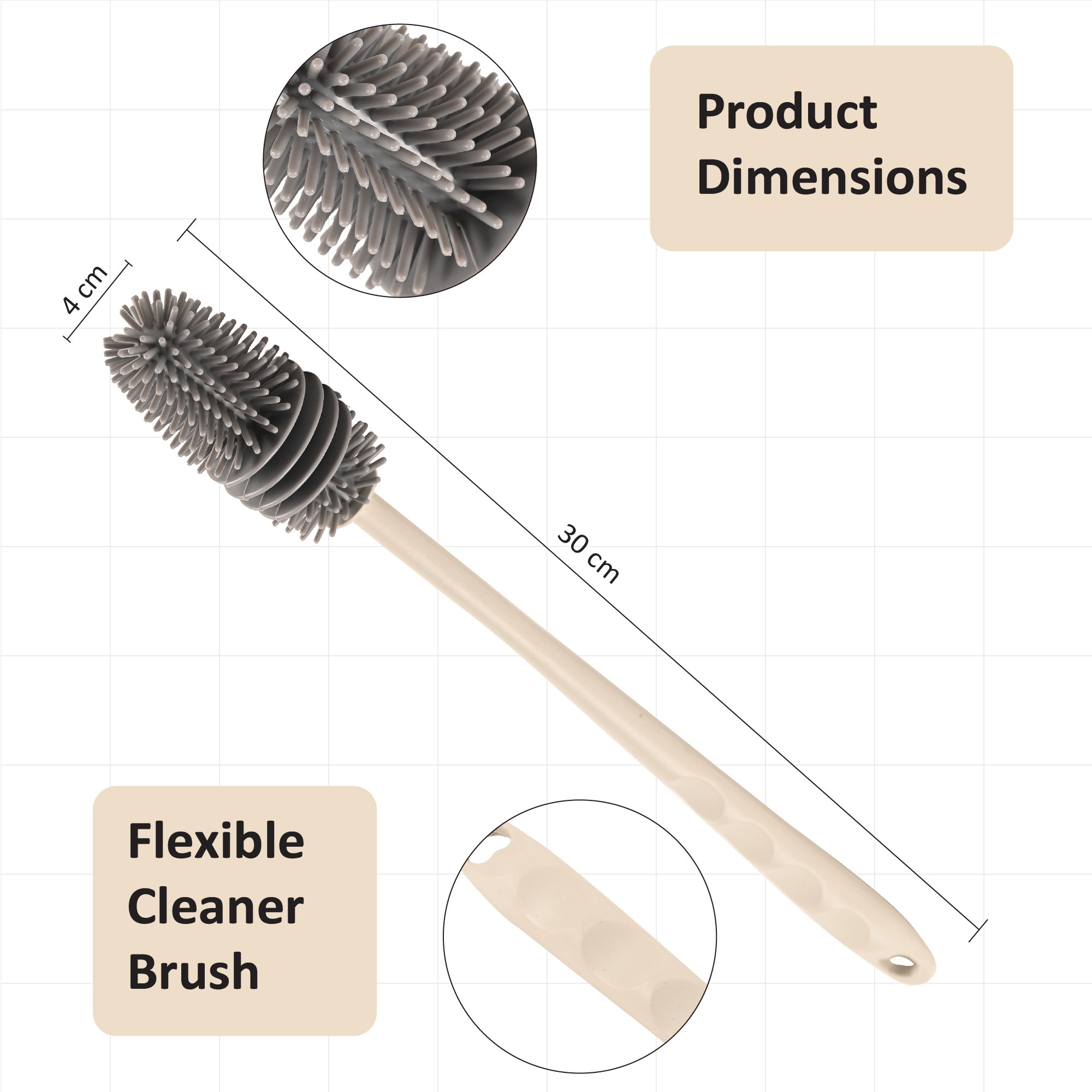 Kuber Industries  Long Handle Silicone Water Bottle Cleaning Brush  Baby Bottle Cleaning Brushes - Ideal for Feeding Bottles Containers Vases  Glass  Handy Kitchen Items  Grey