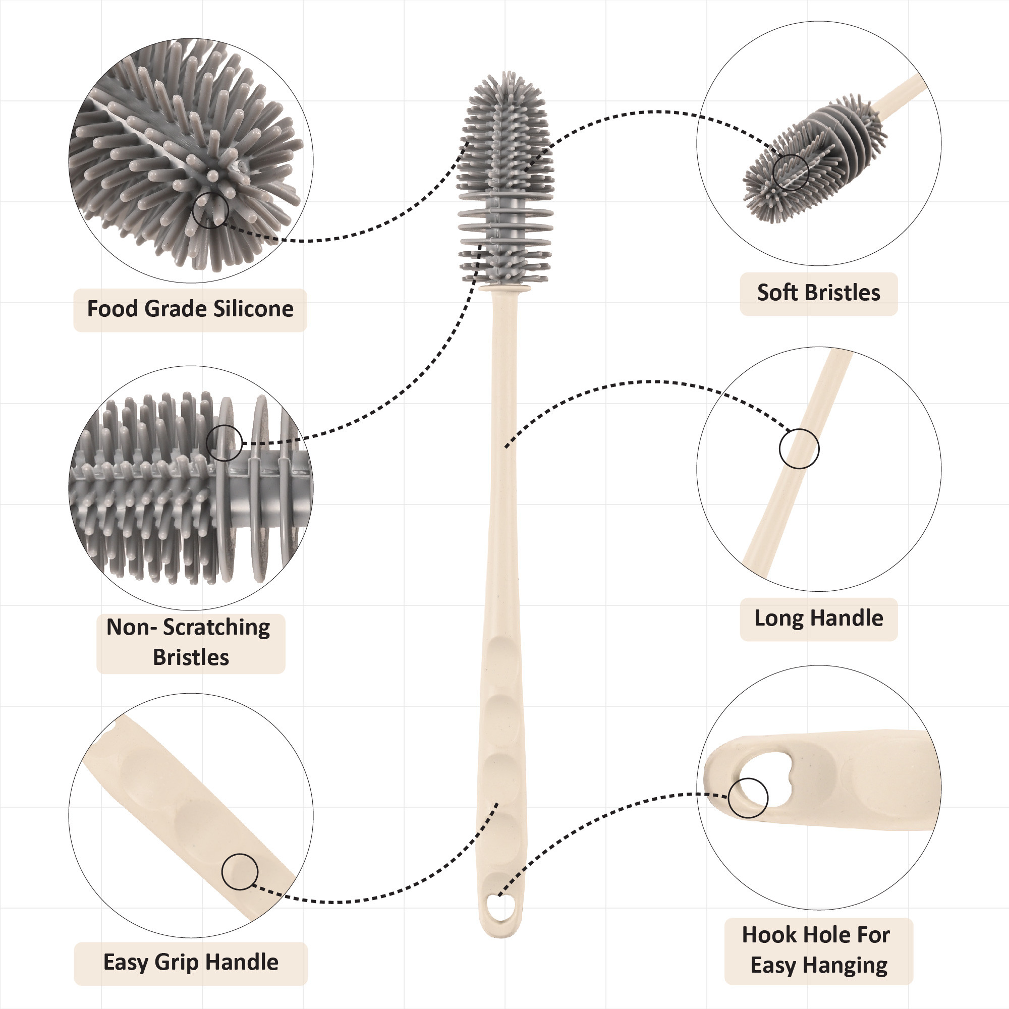 Kuber Industries  Long Handle Silicone Water Bottle Cleaning Brush  Baby Bottle Cleaning Brushes - Ideal for Feeding Bottles Containers Vases  Glass  Handy Kitchen Items  Grey