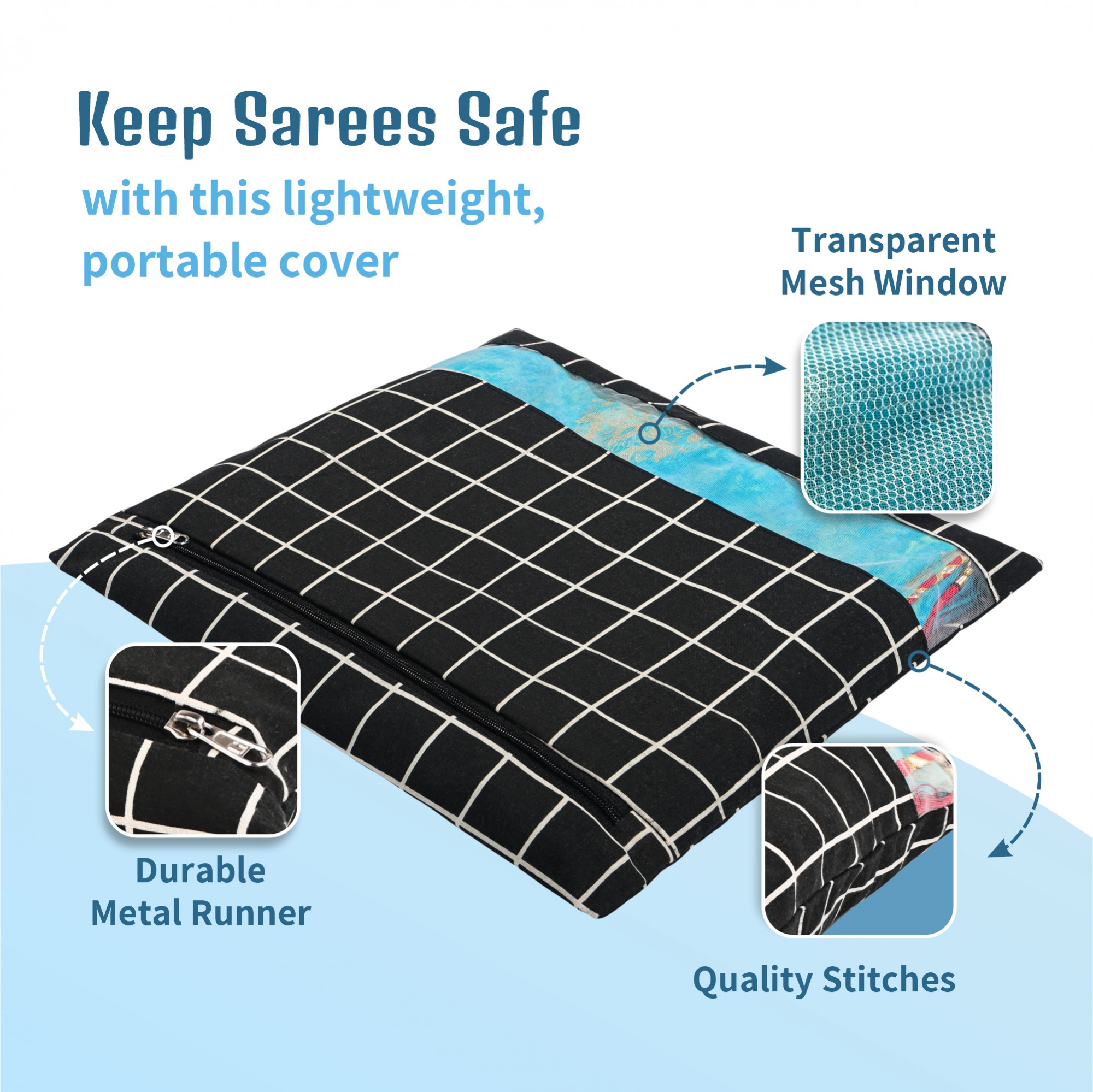 Kuber Industries  Mesh Window Cotton  Saree Covers for StorageGifting  Saree Organiser for WardrobeStorage  Saree Bags with Zip  Saree Organiser for Wardrobe  Check - Black