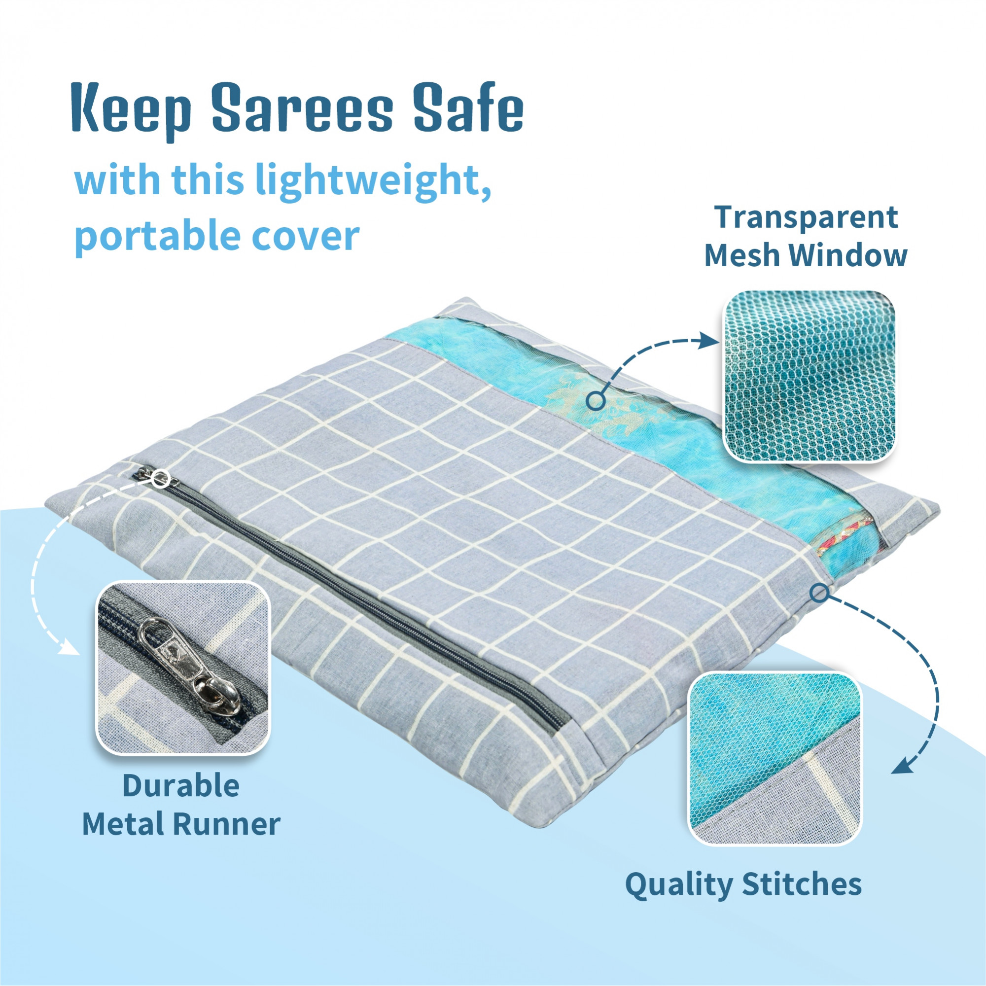 Kuber Industries  Mesh Window Cotton  Saree Covers for StorageGifting  Saree Organiser for WardrobeStorage  Saree Bags with Zip  Saree Organiser for Wardrobe  Check - Light Grey