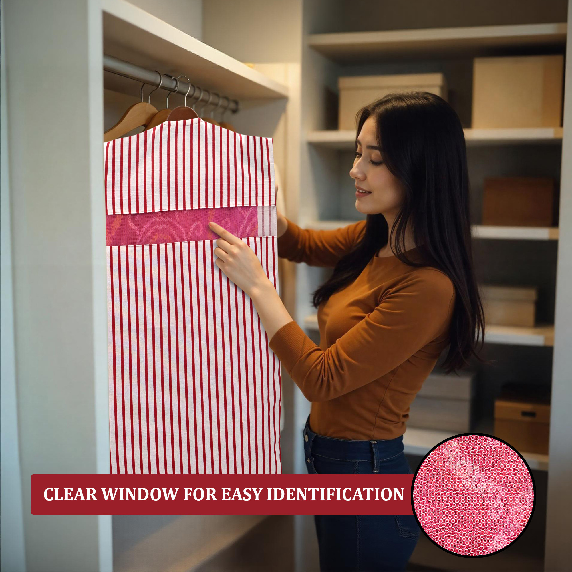 Kuber Industries  Mesh Window Cotton Hanging Saree Covers for StorageGifting  Saree Organiser for WardrobeStorage  Saree Bags with Zip  Saree Organiser for Wardrobe  Lining- Maroon