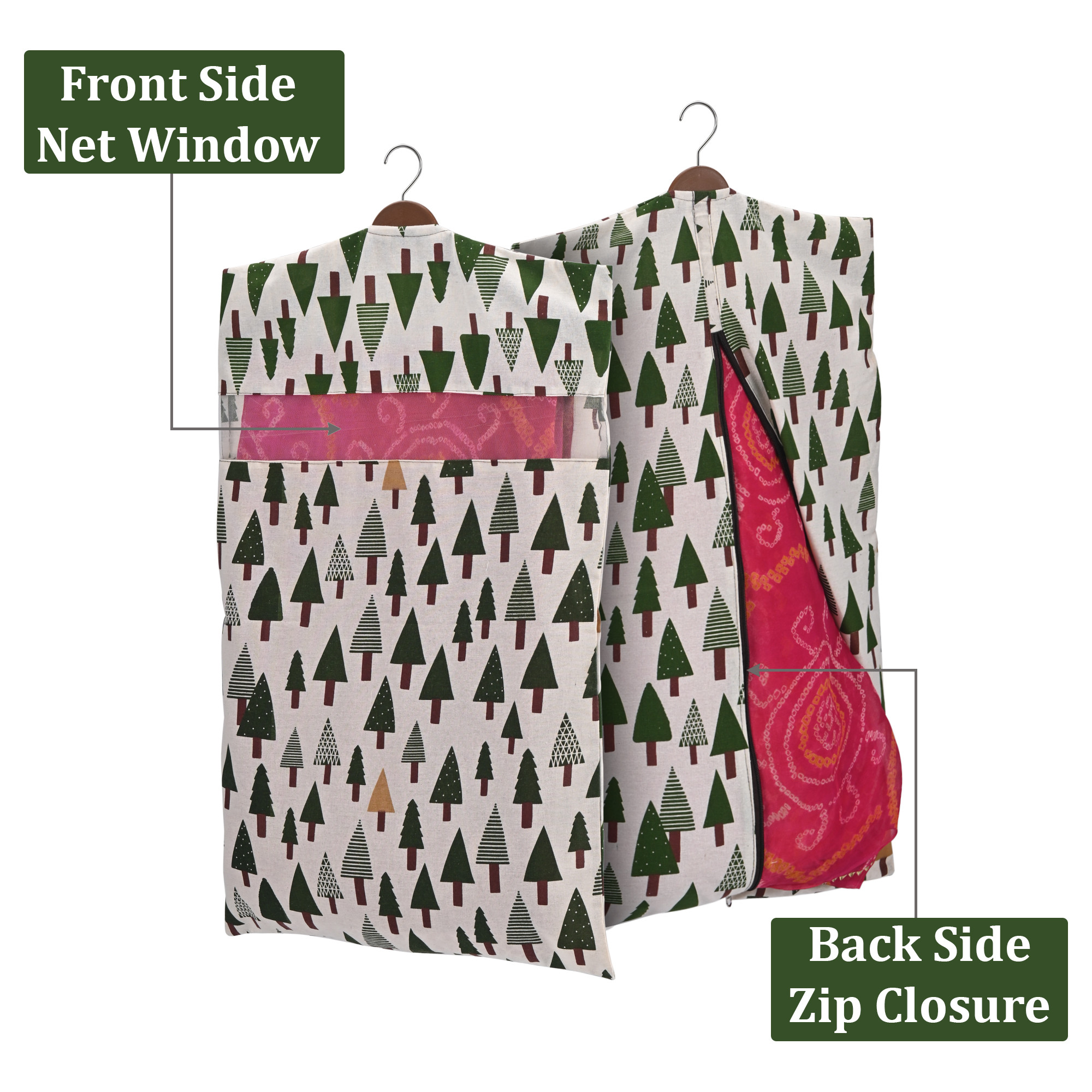 Kuber Industries  Mesh Window Cotton Hanging Saree Covers for StorageGifting  Saree Organiser for WardrobeStorage  Saree Bags with Zip  Saree Organiser for Wardrobe  Tree- Green