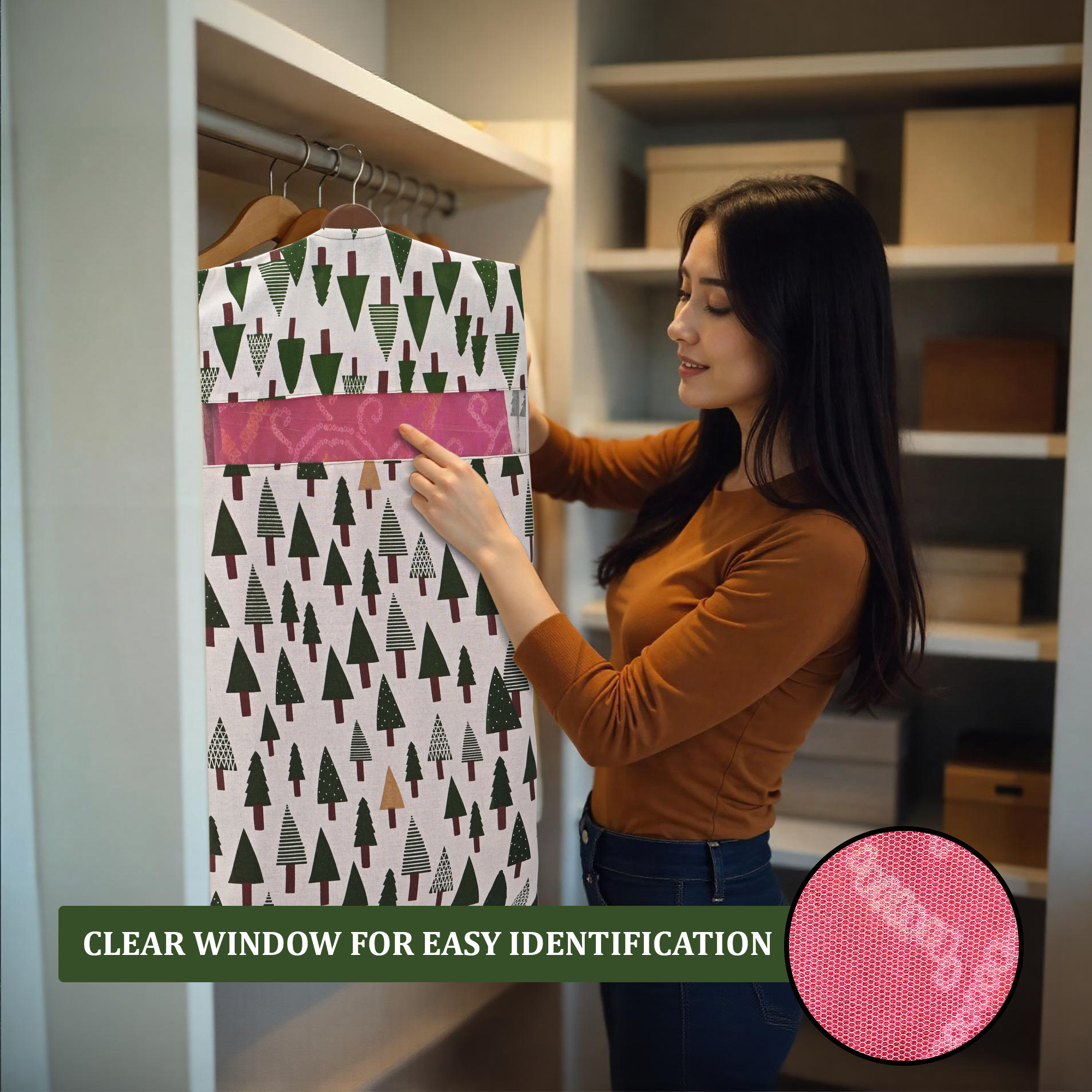 Kuber Industries  Mesh Window Cotton Hanging Saree Covers for StorageGifting  Saree Organiser for WardrobeStorage  Saree Bags with Zip  Saree Organiser for Wardrobe  Tree- Green