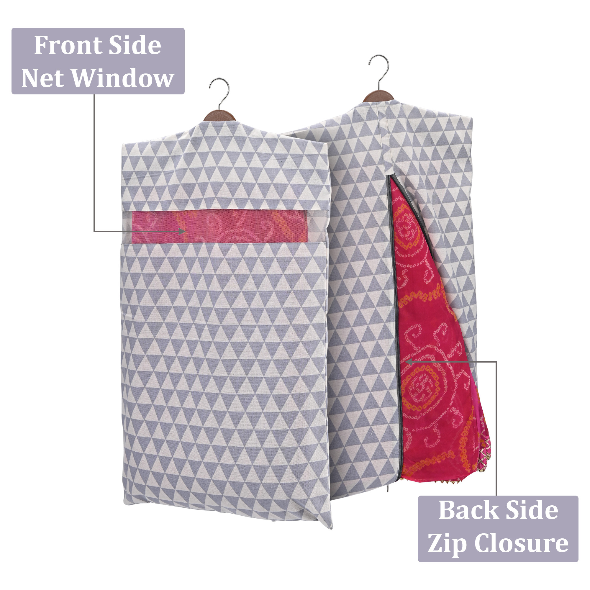 Kuber Industries  Mesh Window Cotton Hanging Saree Covers for StorageGifting  Saree Organiser for WardrobeStorage  Saree Bags with Zip  Saree Organiser for Wardrobe  Triangle- Grey