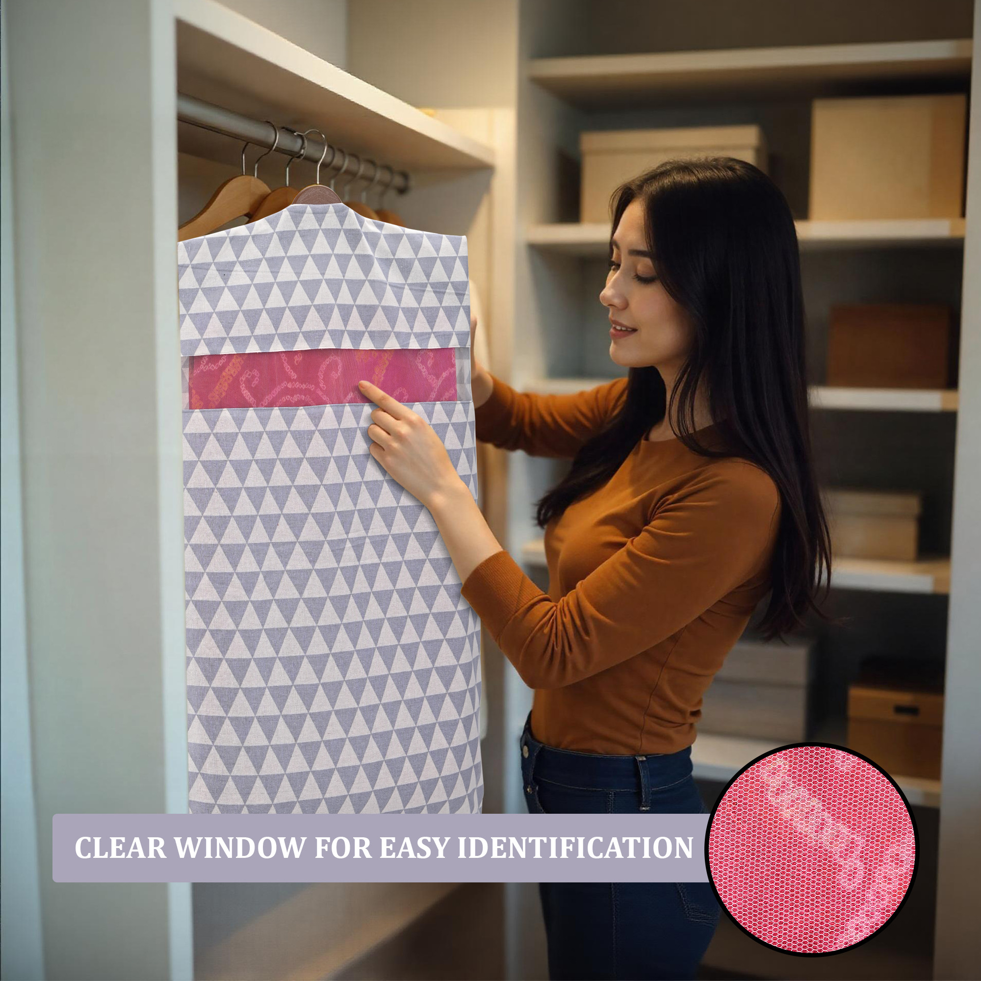 Kuber Industries  Mesh Window Cotton Hanging Saree Covers for StorageGifting  Saree Organiser for WardrobeStorage  Saree Bags with Zip  Saree Organiser for Wardrobe  Triangle- Grey