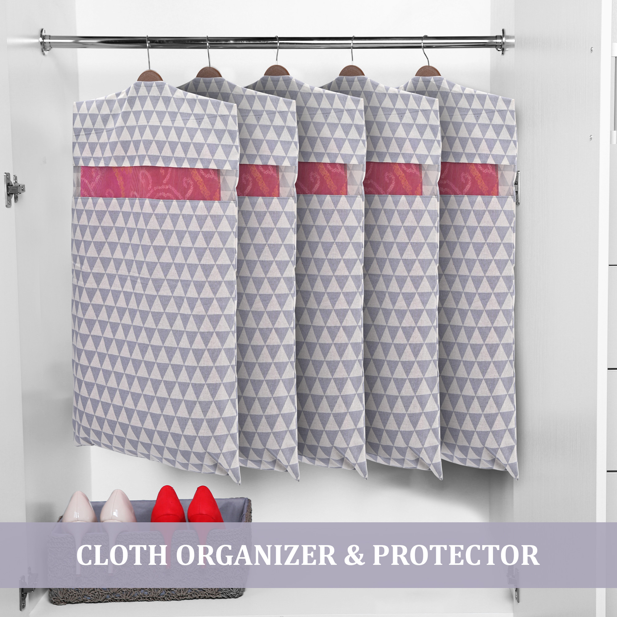 Kuber Industries  Mesh Window Cotton Hanging Saree Covers for StorageGifting  Saree Organiser for WardrobeStorage  Saree Bags with Zip  Saree Organiser for Wardrobe  Triangle- Grey