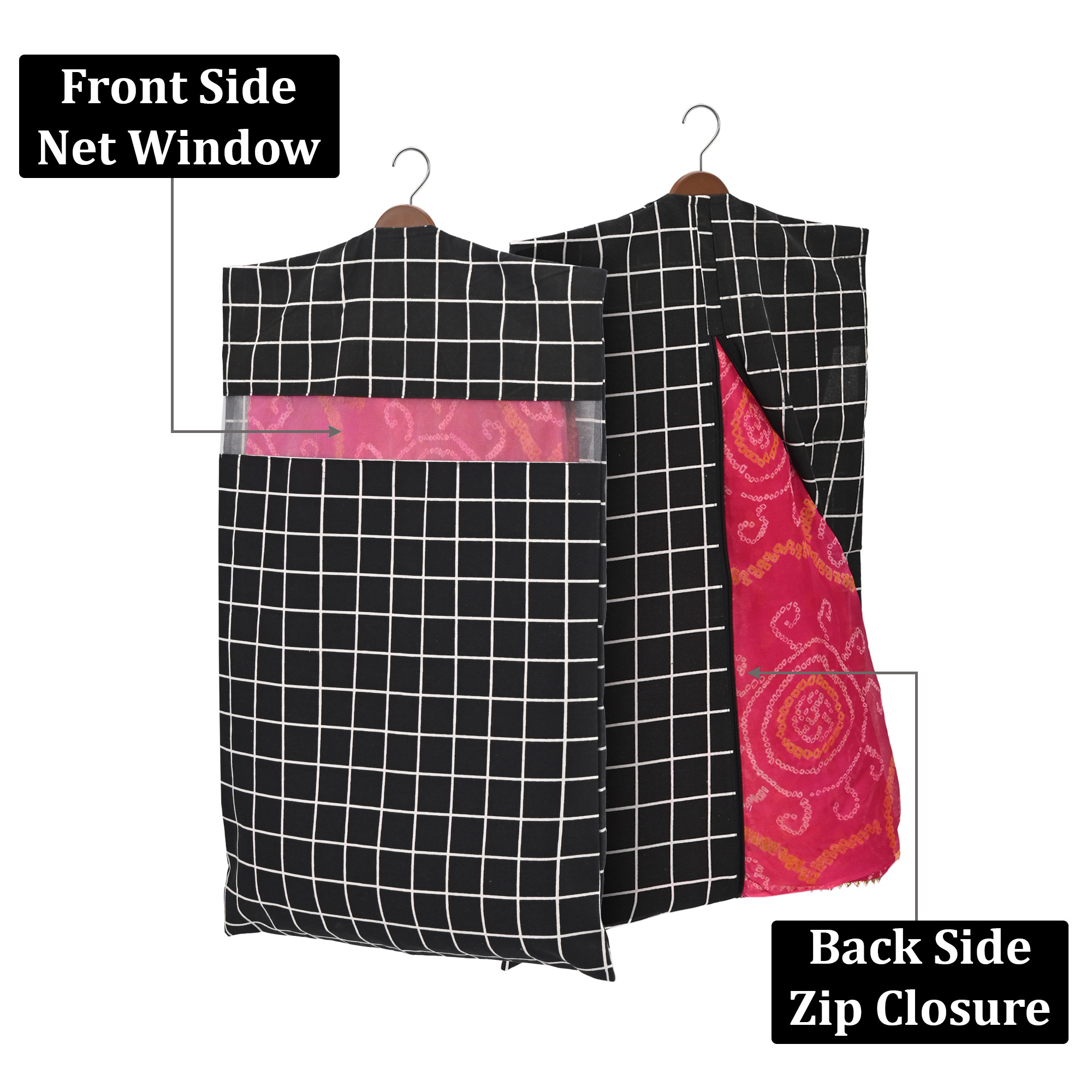 Kuber Industries  Mesh Window Cotton Hanging Saree Covers for StorageGifting  Saree Organiser for WardrobeStorage  Saree Bags with Zip  Saree Organiser for Wardrobe  Check - Black