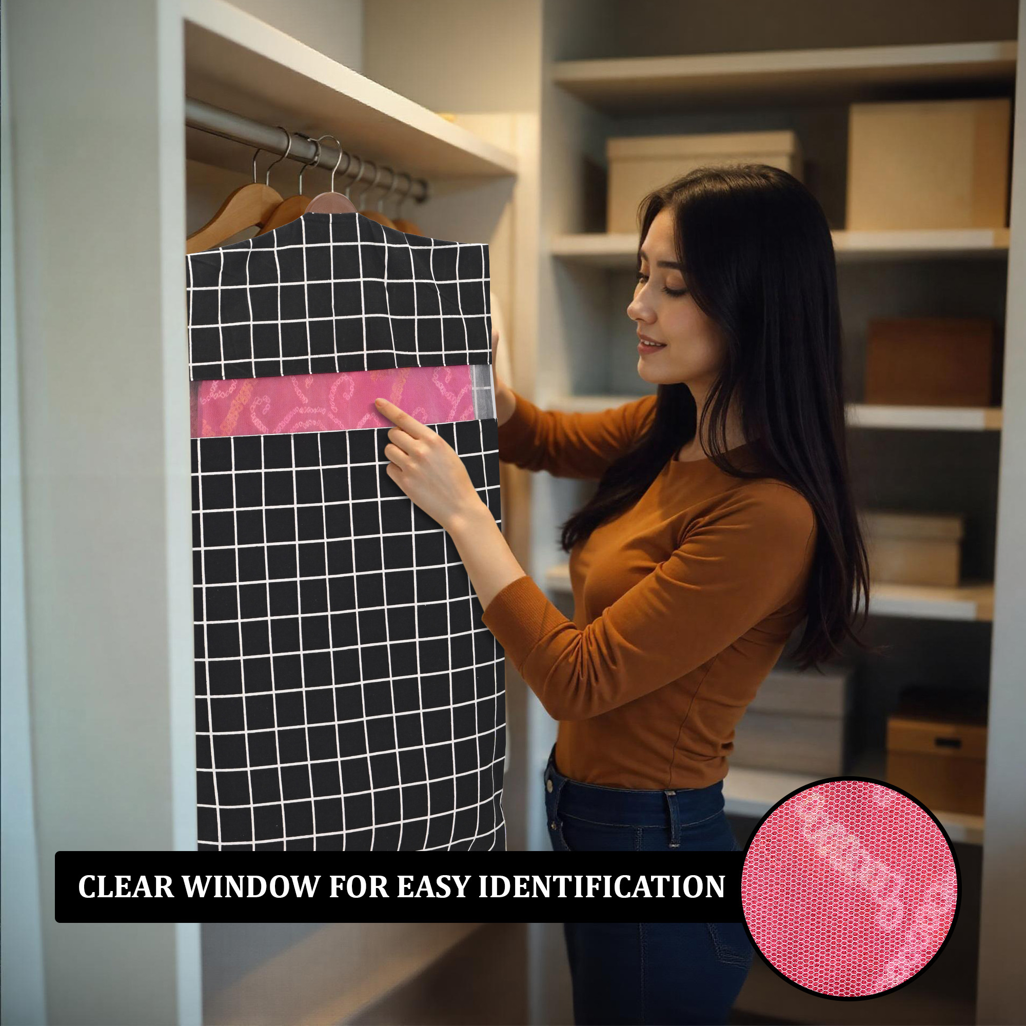 Kuber Industries  Mesh Window Cotton Hanging Saree Covers for StorageGifting  Saree Organiser for WardrobeStorage  Saree Bags with Zip  Saree Organiser for Wardrobe  Check - Black