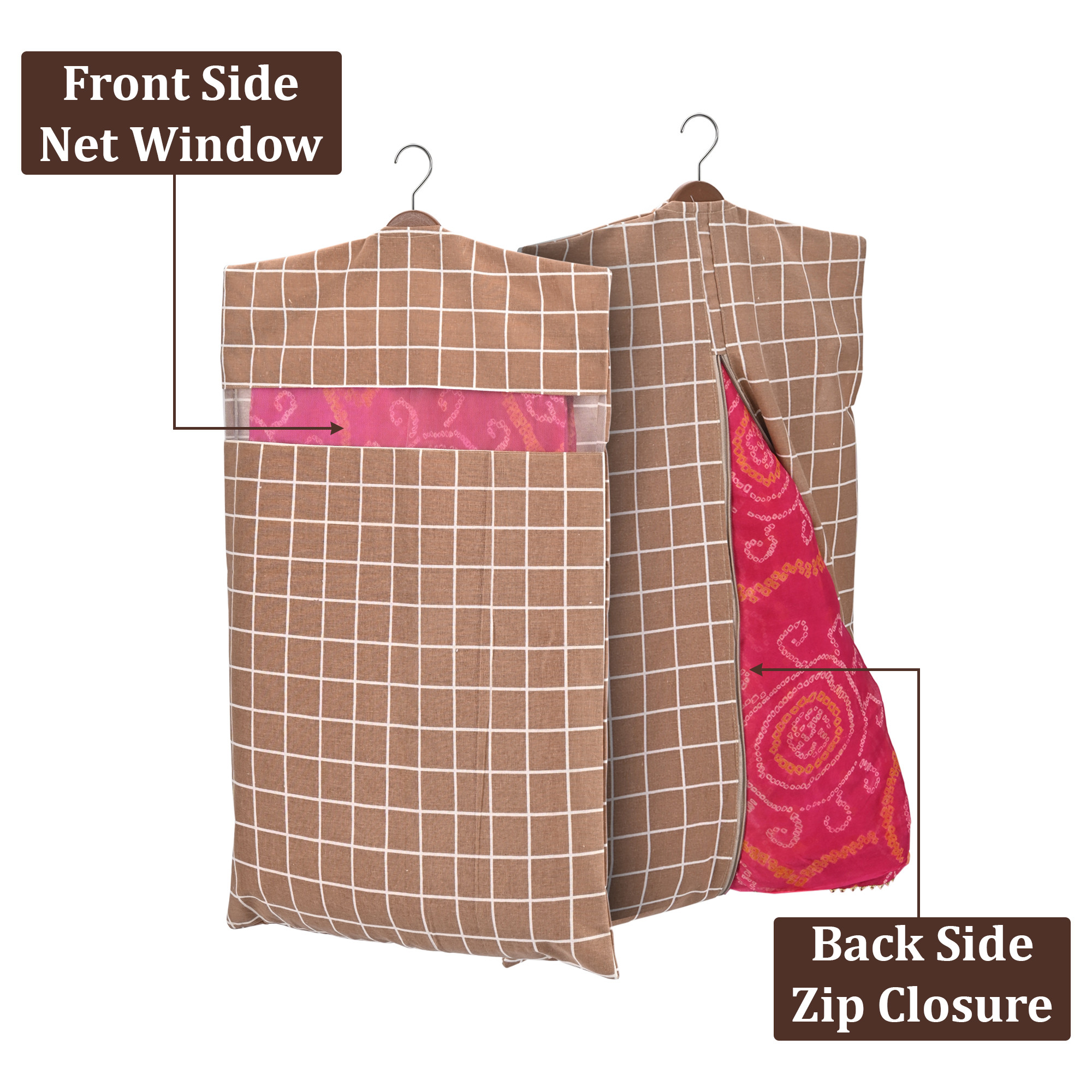 Kuber Industries  Mesh Window Cotton Hanging Saree Covers for StorageGifting  Saree Organiser for WardrobeStorage  Saree Bags with Zip  Saree Organiser for Wardrobe  Check - Brown