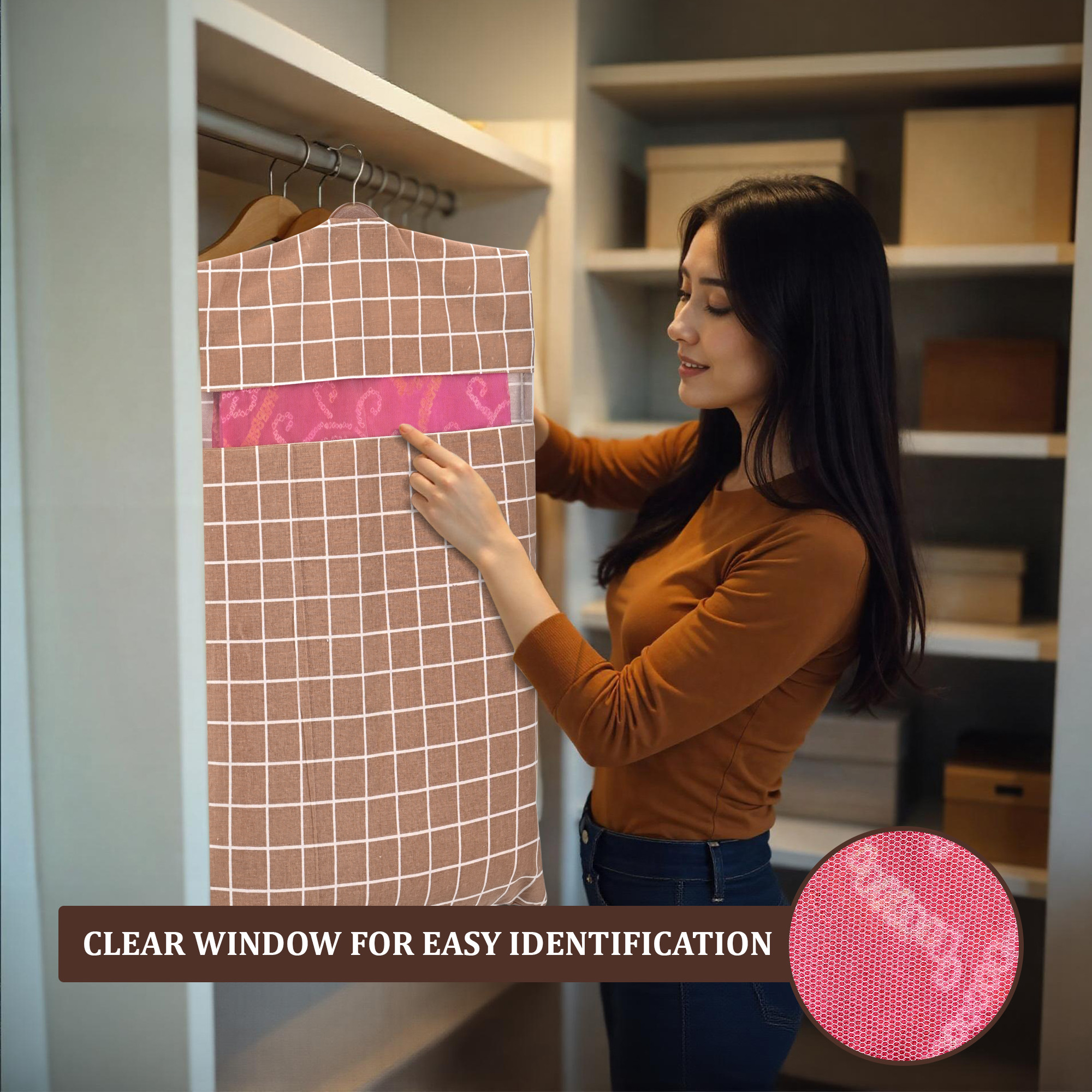Kuber Industries  Mesh Window Cotton Hanging Saree Covers for StorageGifting  Saree Organiser for WardrobeStorage  Saree Bags with Zip  Saree Organiser for Wardrobe  Check - Brown