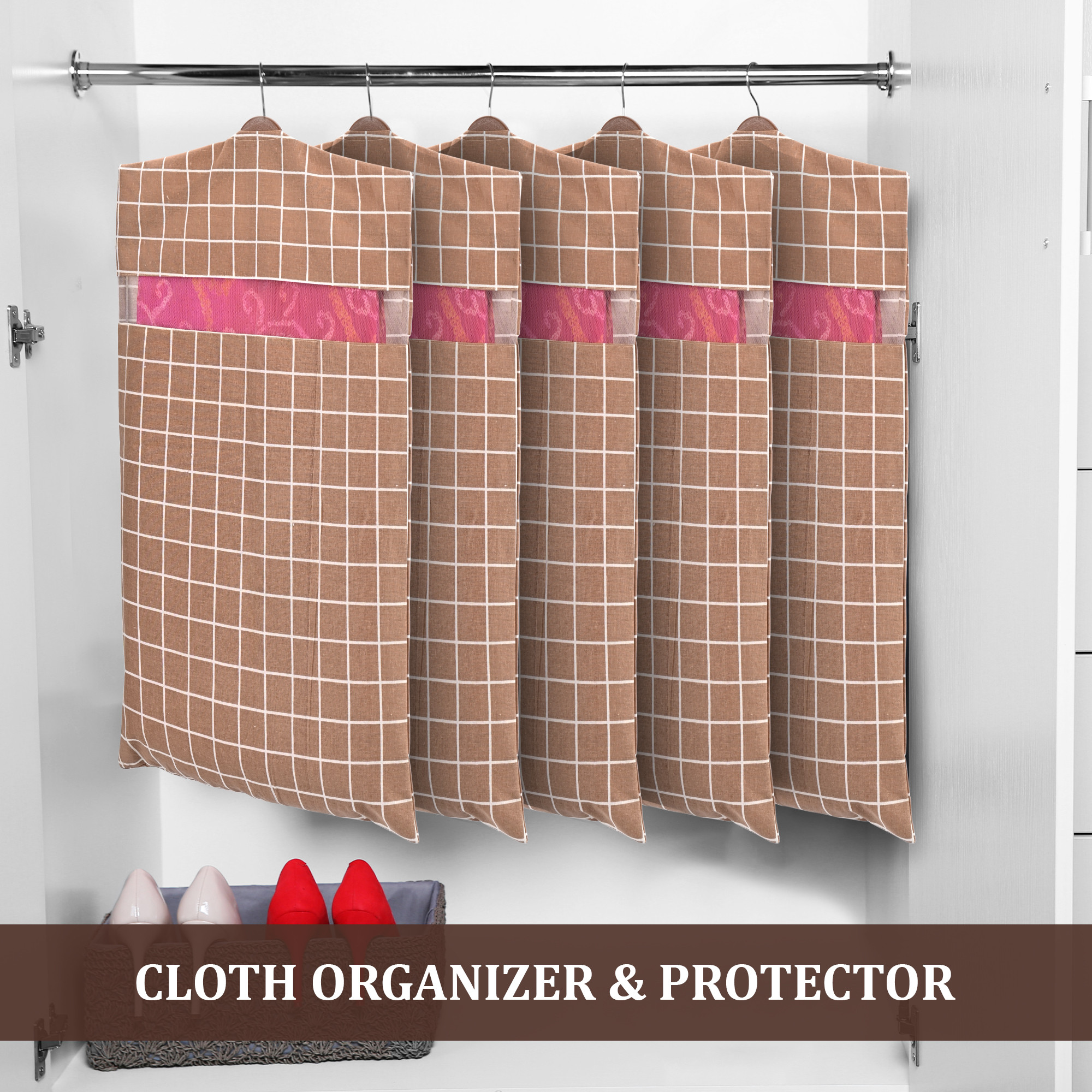 Kuber Industries  Mesh Window Cotton Hanging Saree Covers for StorageGifting  Saree Organiser for WardrobeStorage  Saree Bags with Zip  Saree Organiser for Wardrobe  Check - Brown