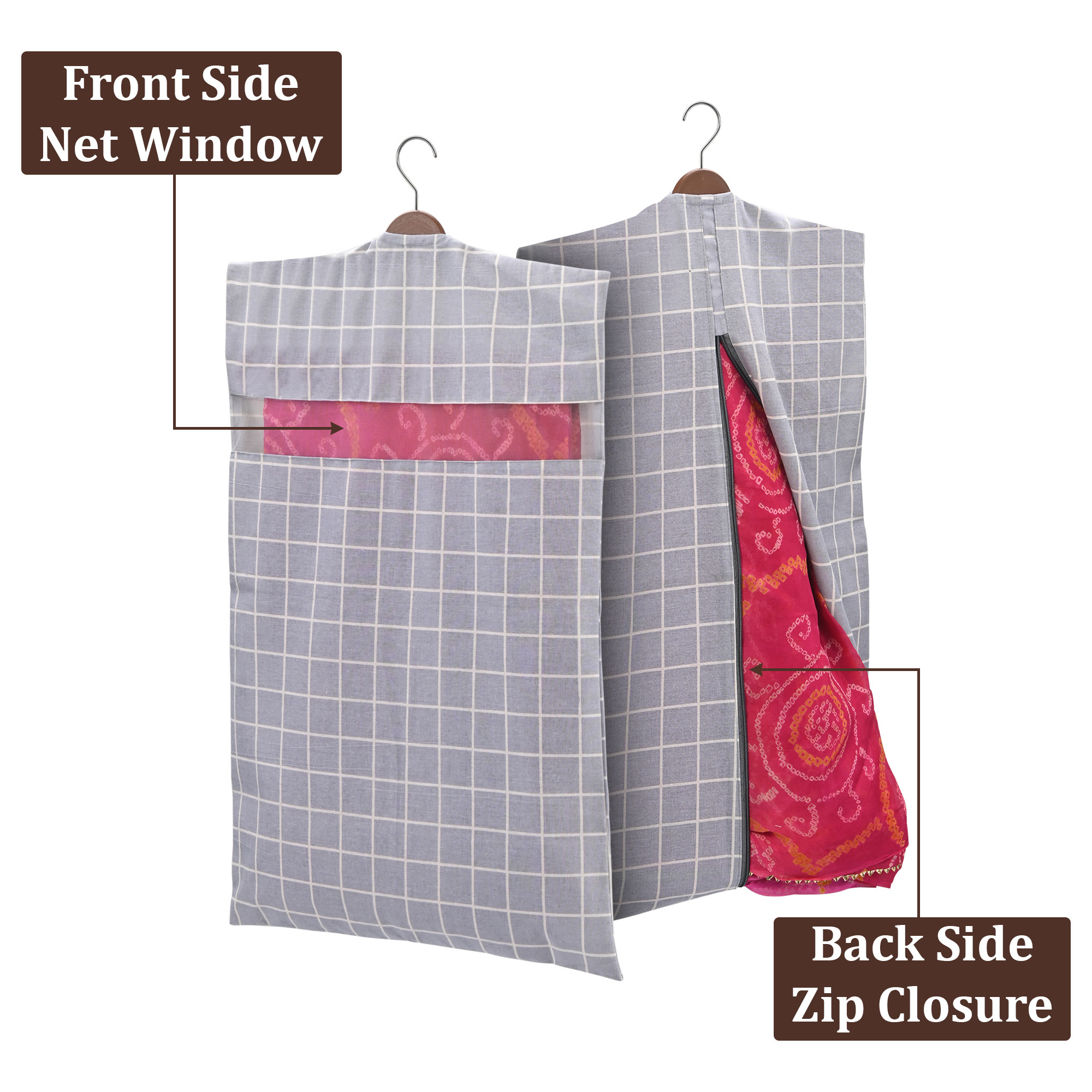 Kuber Industries  Mesh Window Cotton Hanging Saree Covers for StorageGifting  Saree Organiser for WardrobeStorage  Saree Bags with Zip  Saree Organiser for Wardrobe  Check - Light Grey
