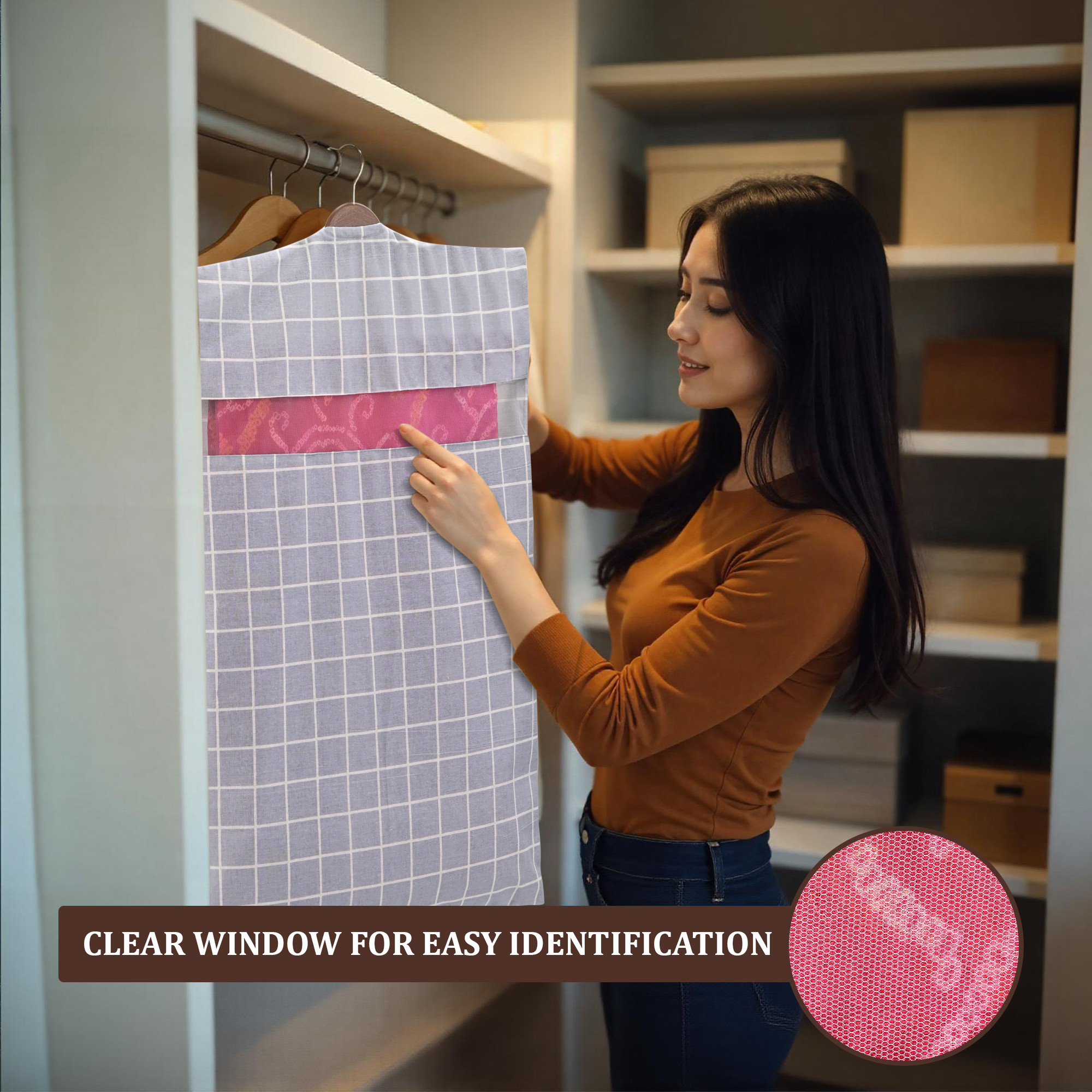 Kuber Industries  Mesh Window Cotton Hanging Saree Covers for StorageGifting  Saree Organiser for WardrobeStorage  Saree Bags with Zip  Saree Organiser for Wardrobe  Check - Light Grey