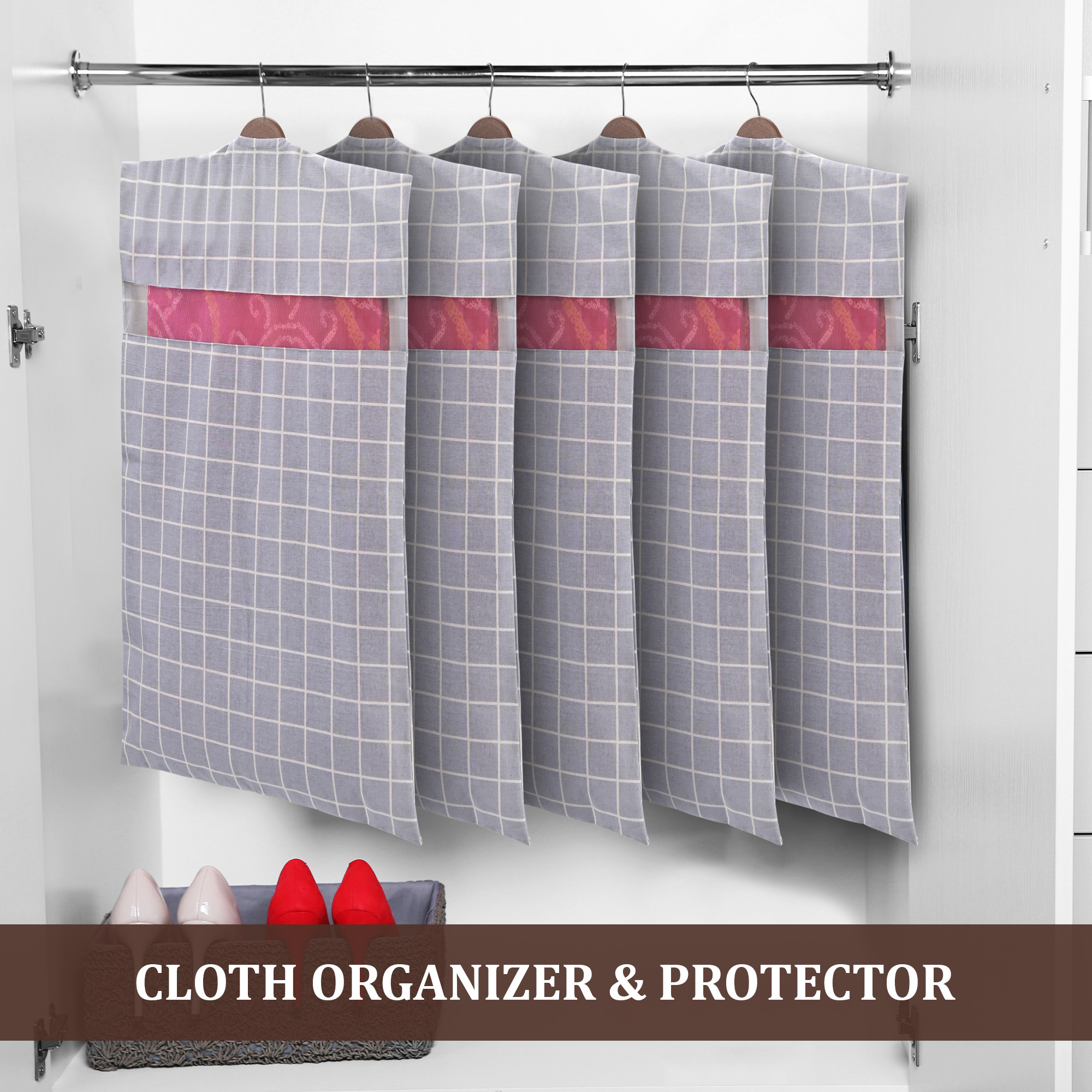 Kuber Industries  Mesh Window Cotton Hanging Saree Covers for StorageGifting  Saree Organiser for WardrobeStorage  Saree Bags with Zip  Saree Organiser for Wardrobe  Check - Light Grey