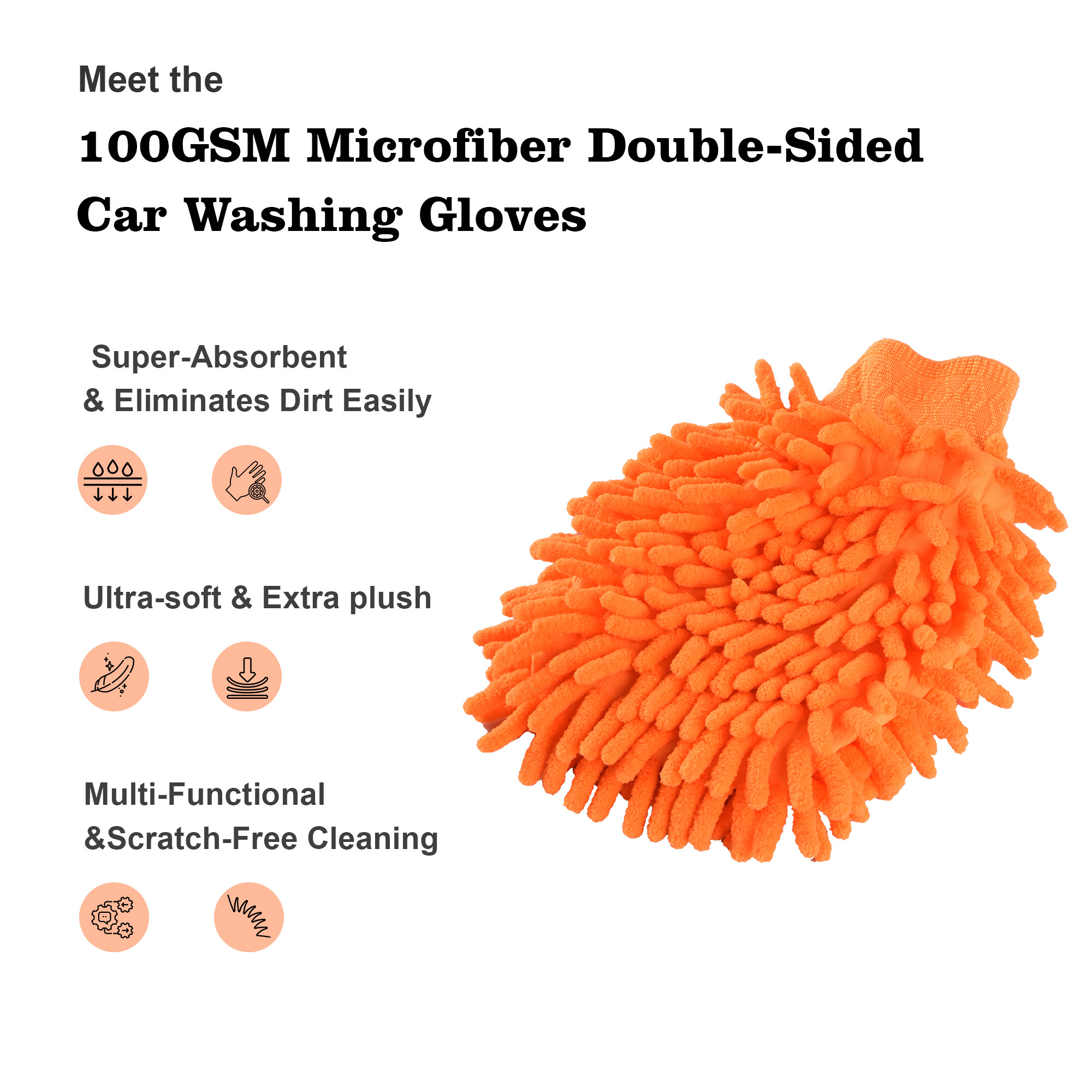 Kuber Industries  Microfiber Double Sided 50GSM Car Washing Gloves  Super Absorbent Chenille Mitt Gloves - Perfect Wash Cleaning for Bike Auto Cars Interior and Exterior  Orange