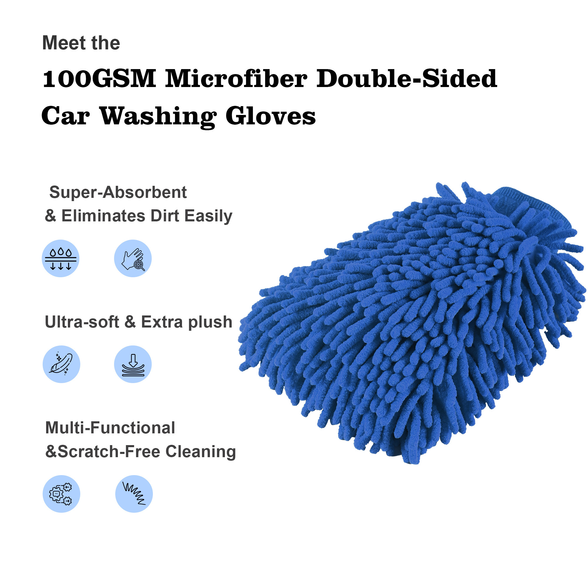 Kuber Industries  Microfiber Double Sided 50GSM Car Washing Gloves  Super Absorbent Chenille Mitt Gloves - Perfect Wash Cleaning for Bike Auto Cars Interior and Exterior  Blue