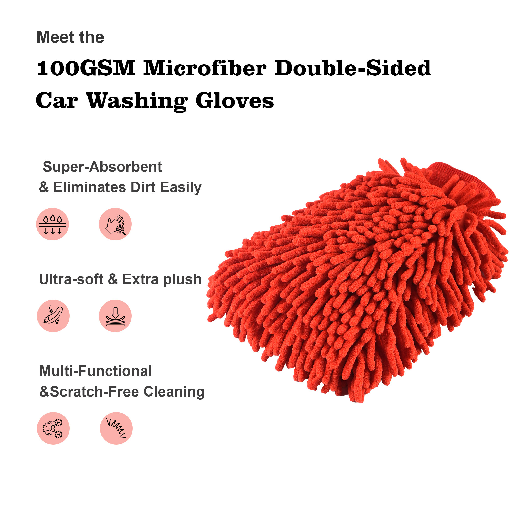 Kuber Industries  Microfiber Double Sided 50GSM Car Washing Gloves  Super Absorbent Chenille Mitt Gloves - Perfect Wash Cleaning for Bike Auto Cars Interior and Exterior  Red
