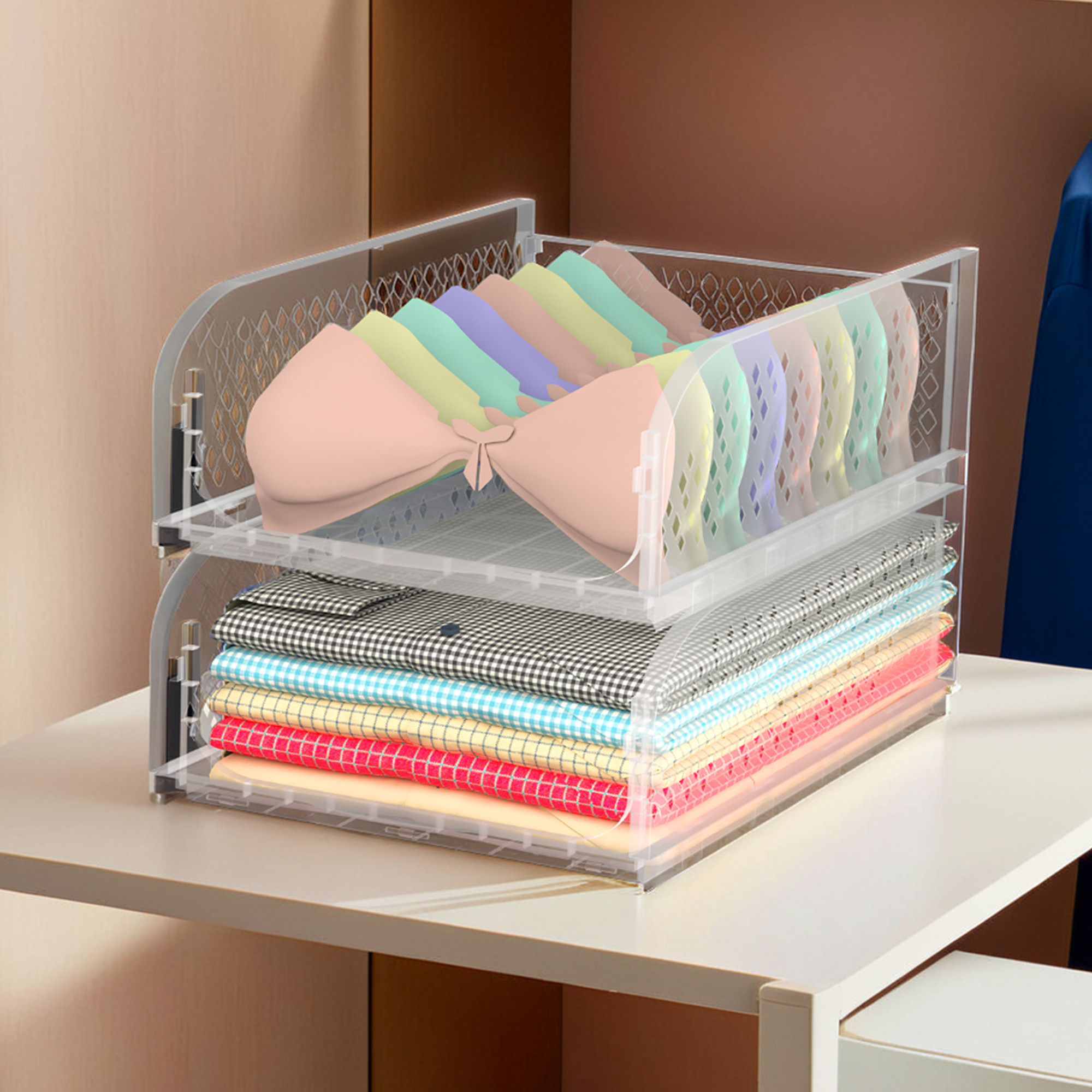 Kuber Industries  Multipurpose Foldable Cloth Organizer for Wardrobe  Almirah  Kids Shelf for Clothes  Organiser Storage Box for Cupboard Kitchen  Bathroom  Transparent