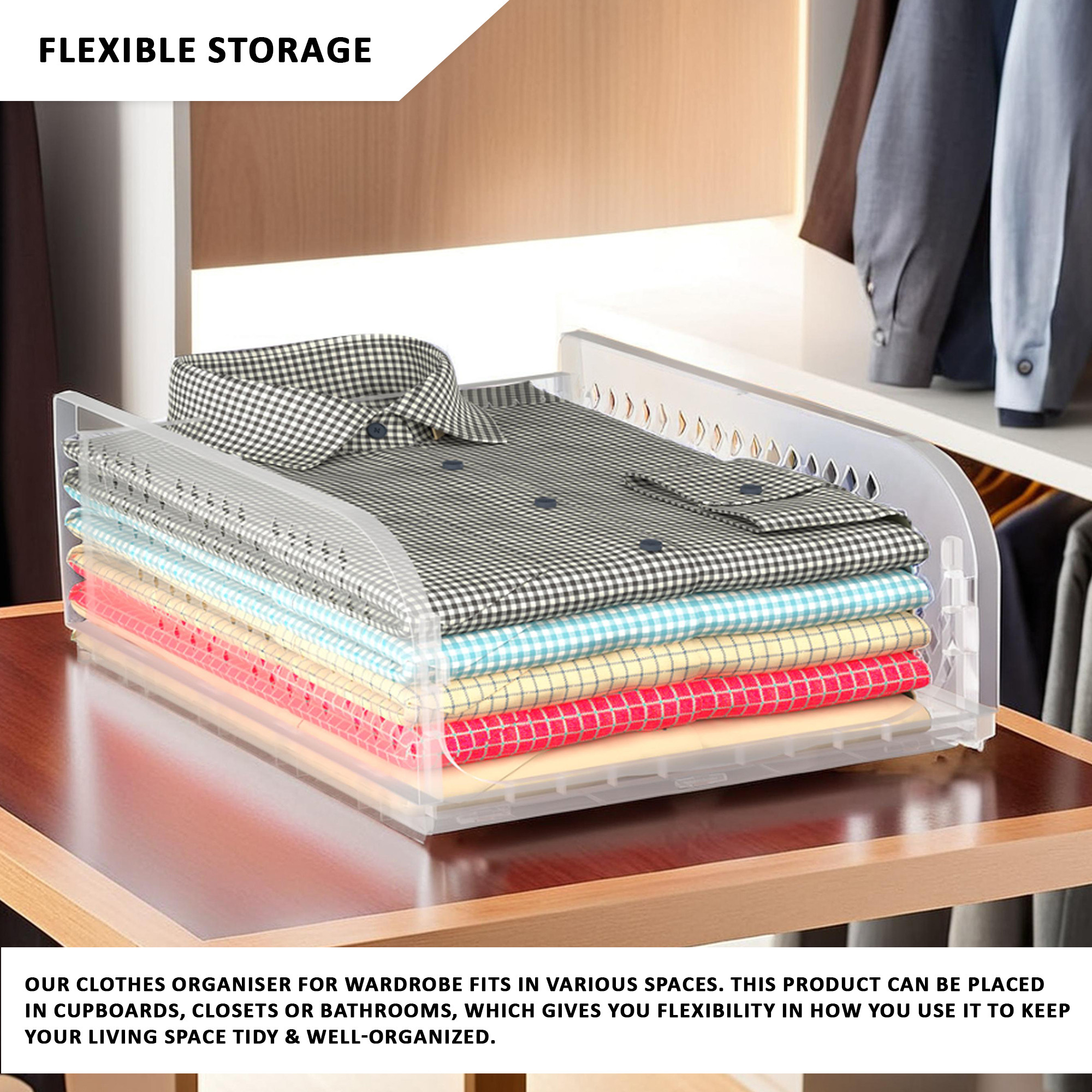 Kuber Industries  Multipurpose Foldable Cloth Organizer for Wardrobe  Almirah  Kids Shelf for Clothes  Organiser Storage Box for Cupboard Kitchen  Bathroom  Transparent