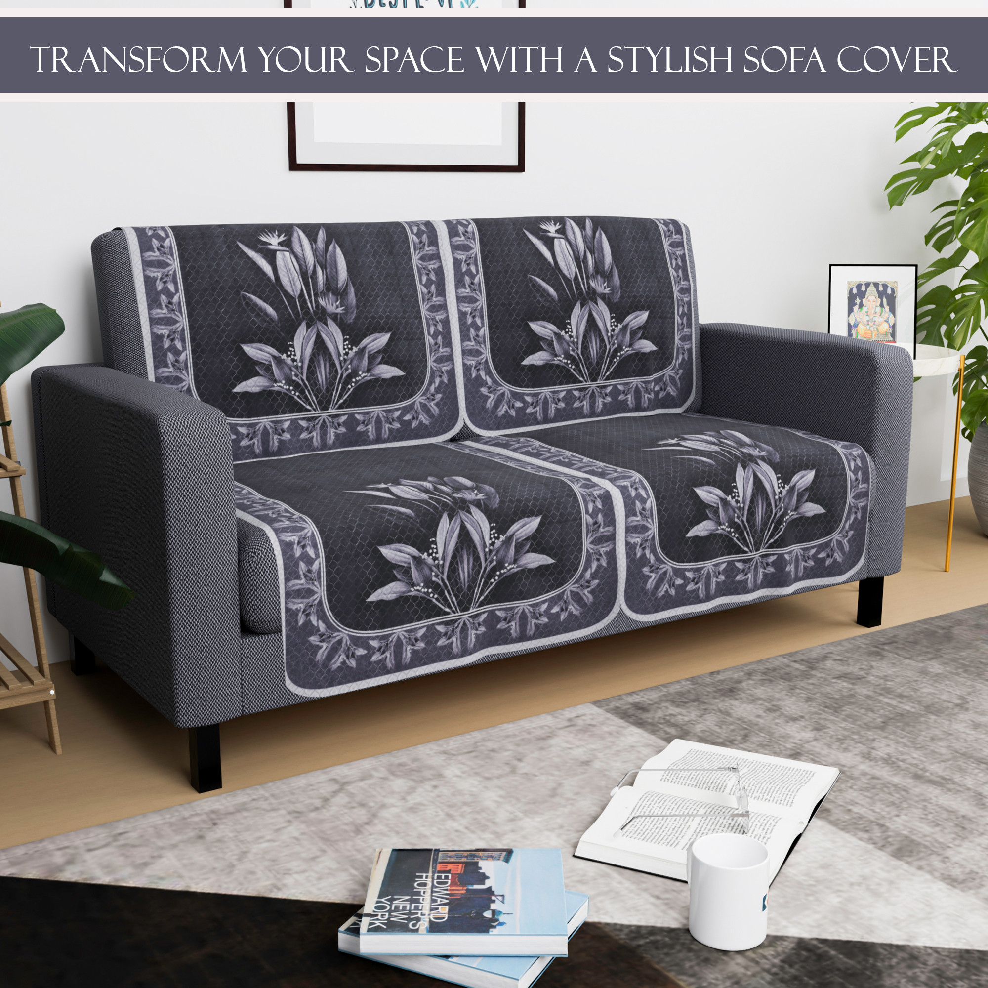 Kuber Industries  Net Durable  Sofa Covers for Living Room  Easy Machine Washable Sofe ke cover for Protection  Comfort for Home  Leaf - Dark Grey  Lilac