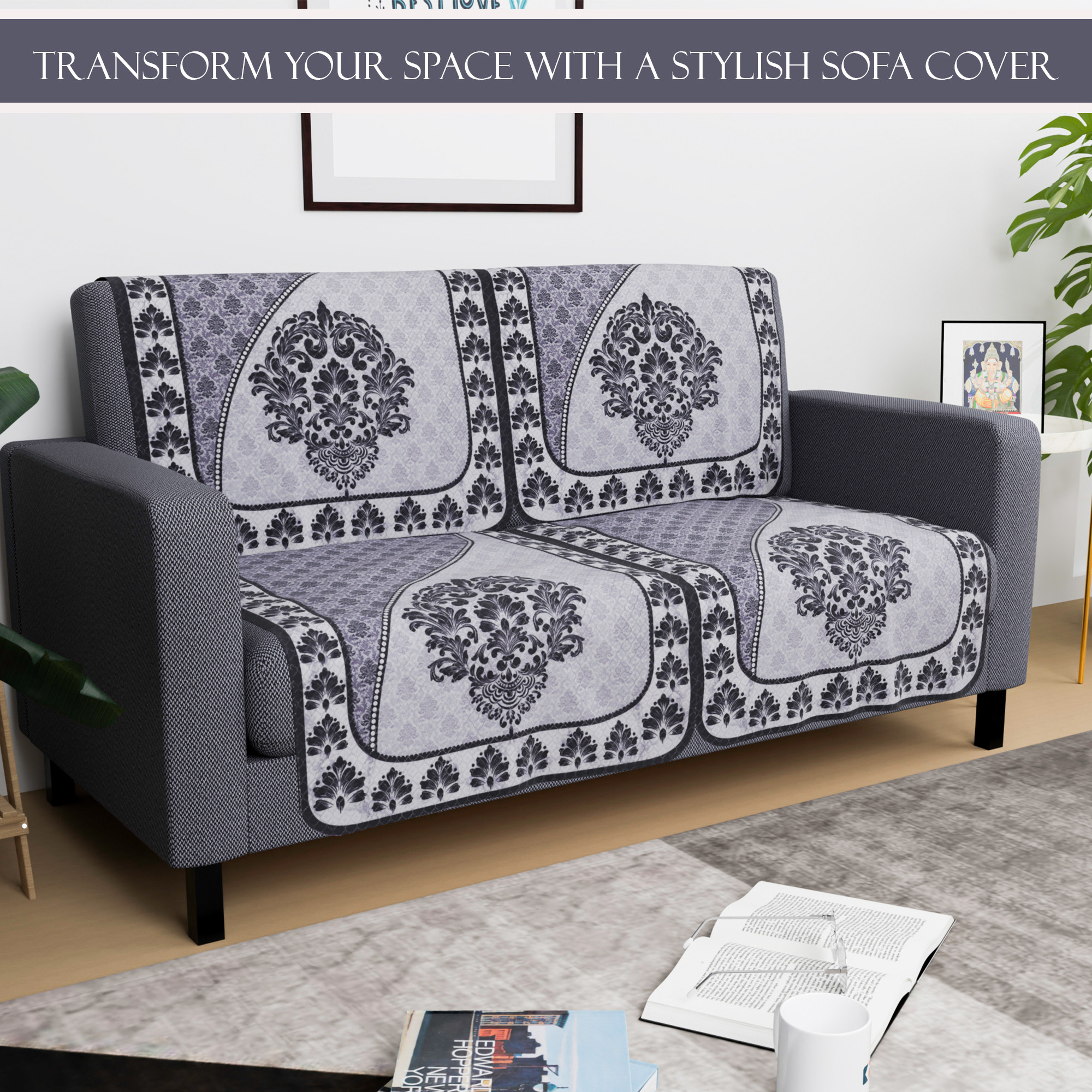 Kuber Industries  Net Durable  Sofa Covers for Living Room  Easy Machine Washable Sofe ke cover for Protection  Comfort for Home  Floral Print - Black  Grey