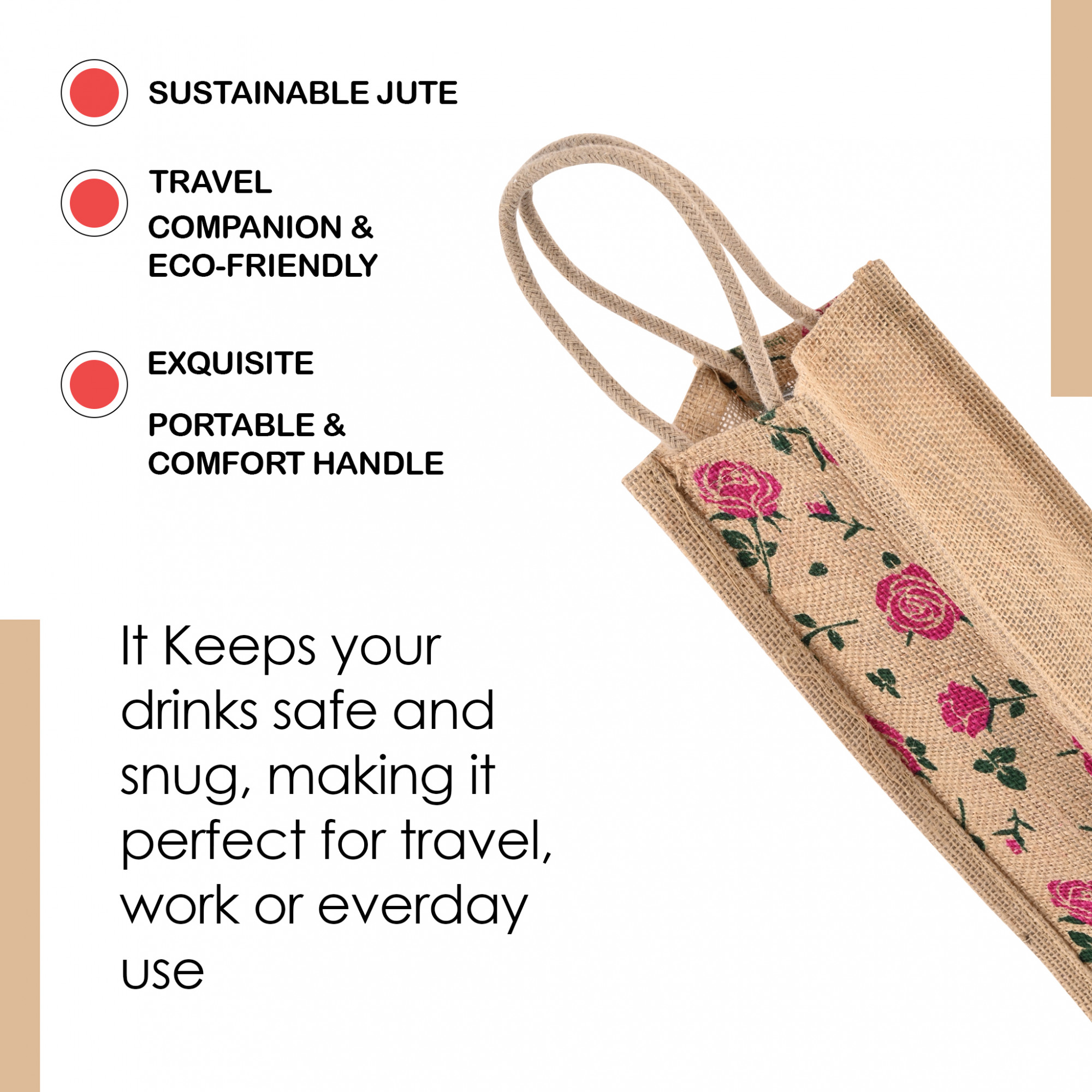 Kuber Industries  Pack of 2  Jute Bottle Bag  Bottle Carry Bags  1 LTR  Reusable Bottle Bag with Handle  Office Bottle Bag  Wine Bottle Bag  Travel Bottle Bag  Small Rose-Print  Pink