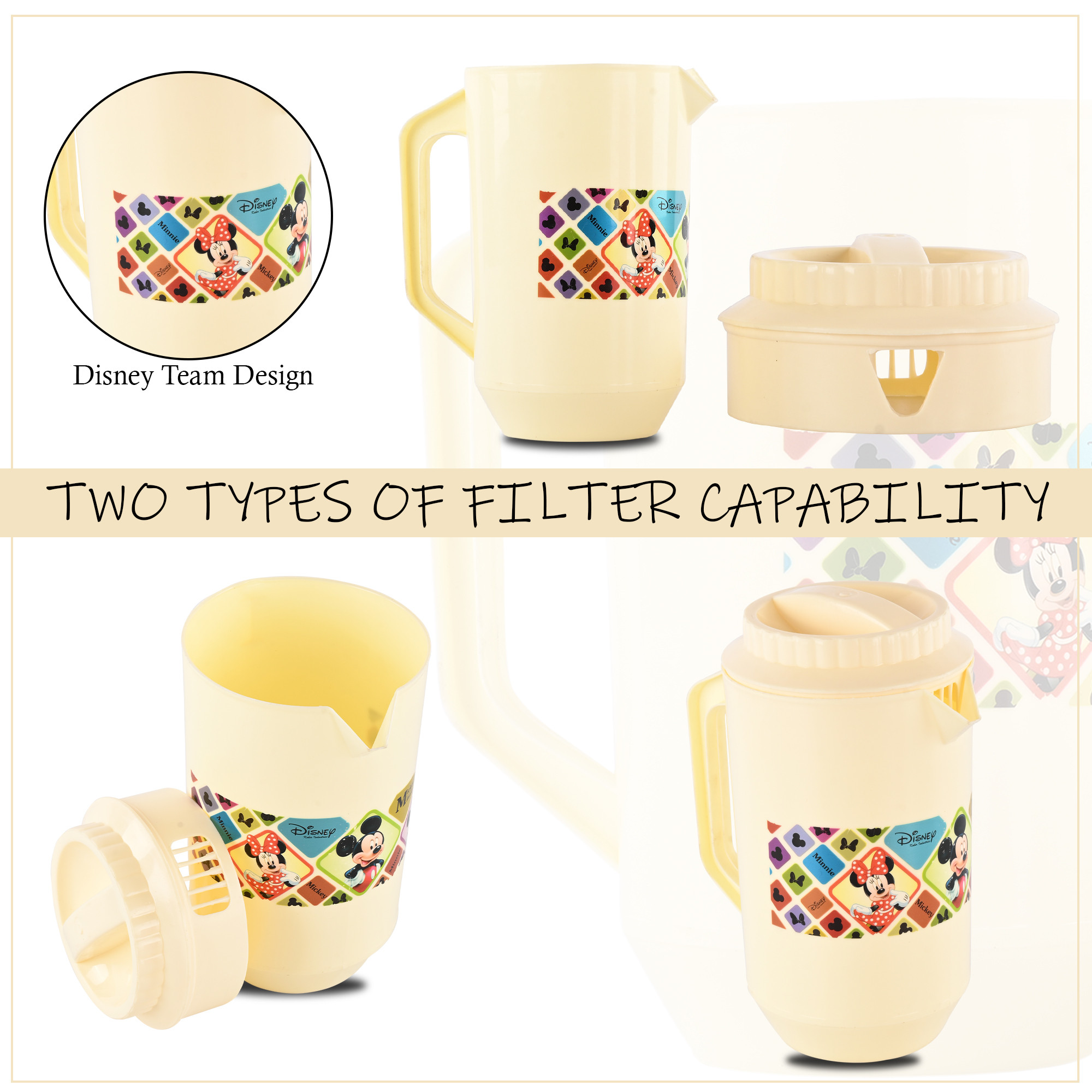 Kuber Industries  Pack of 2  Water Jug  2 LTR  Plastic Jug for Water  Check Disney  Water Dispenser  Juice Jug for Dining Table  Water Jug for Hotels  Restaurants  BPA-Free  Cream