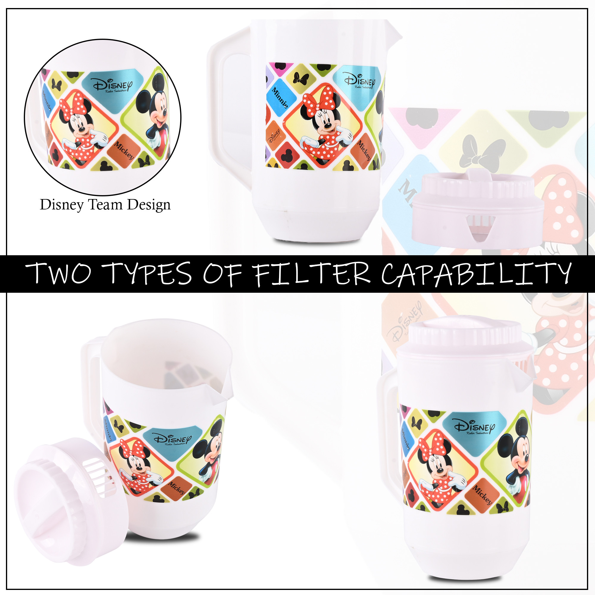 Kuber Industries  Pack of 2  Water Jug  2 LTR  Plastic Jug for Water  Check Disney  Water Dispenser  Juice Jug for Dining Table  Water Jug for Hotels  Restaurants  BPA-Free  White