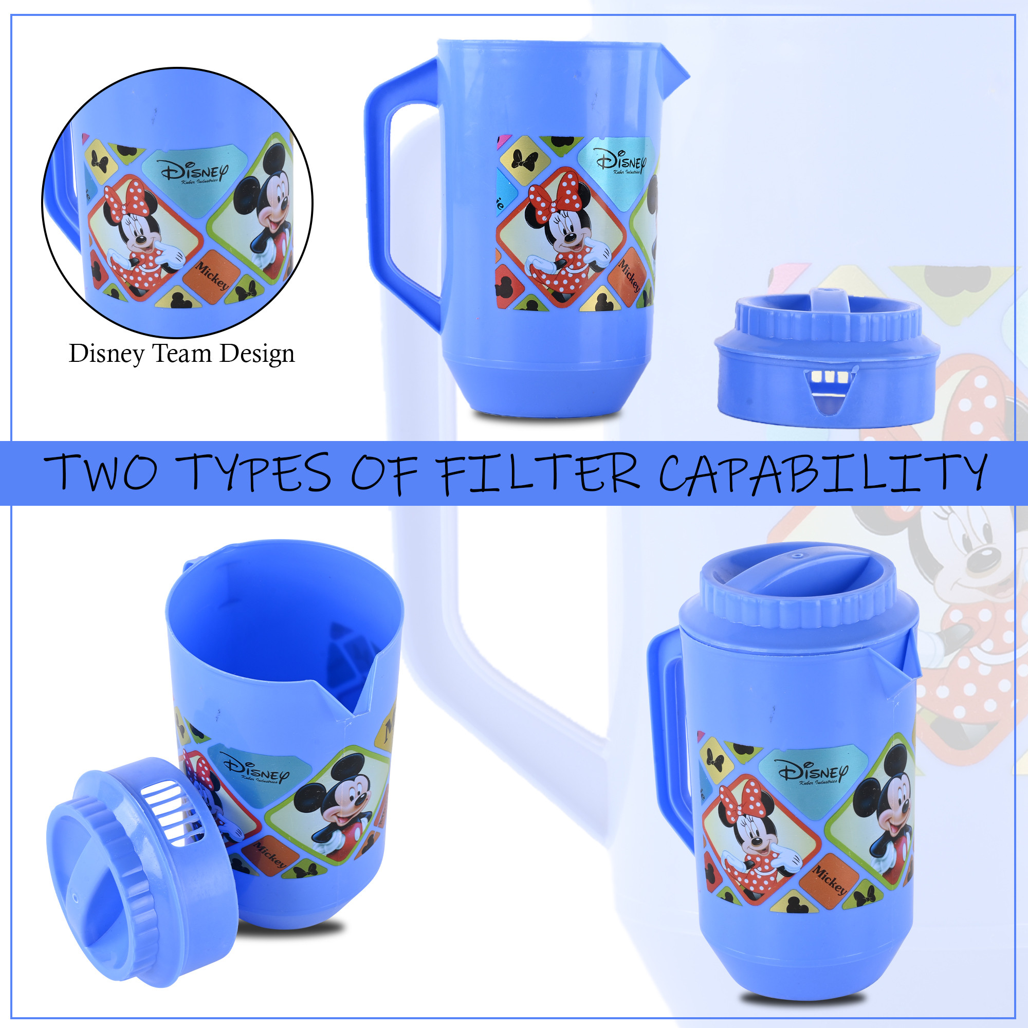 Kuber Industries  Pack of 2  Water Jug  2 LTR  Plastic Jug for Water  Check Disney  Water Dispenser  Juice Jug for Dining Table  Water Jug for Hotels  Restaurants  BPA-Free  Blue