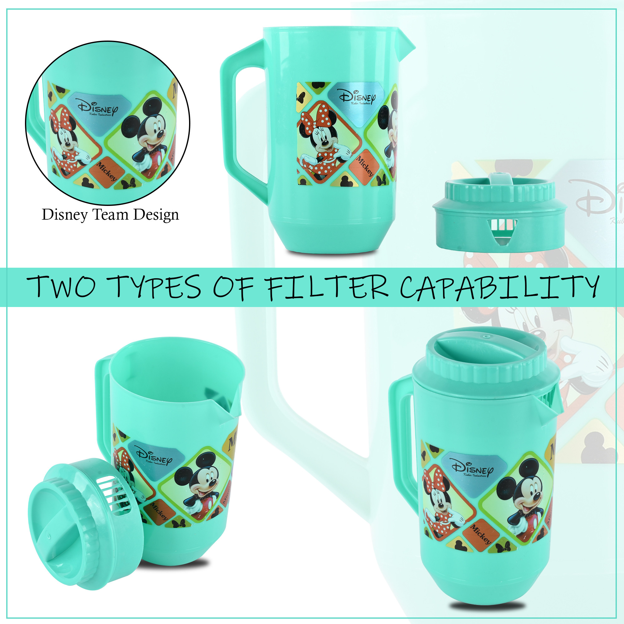 Kuber Industries  Pack of 2  Water Jug  2 LTR  Plastic Jug for Water  Check Disney  Water Dispenser  Juice Jug for Dining Table  Water Jug for Hotels  Restaurants  BPA-Free  Green