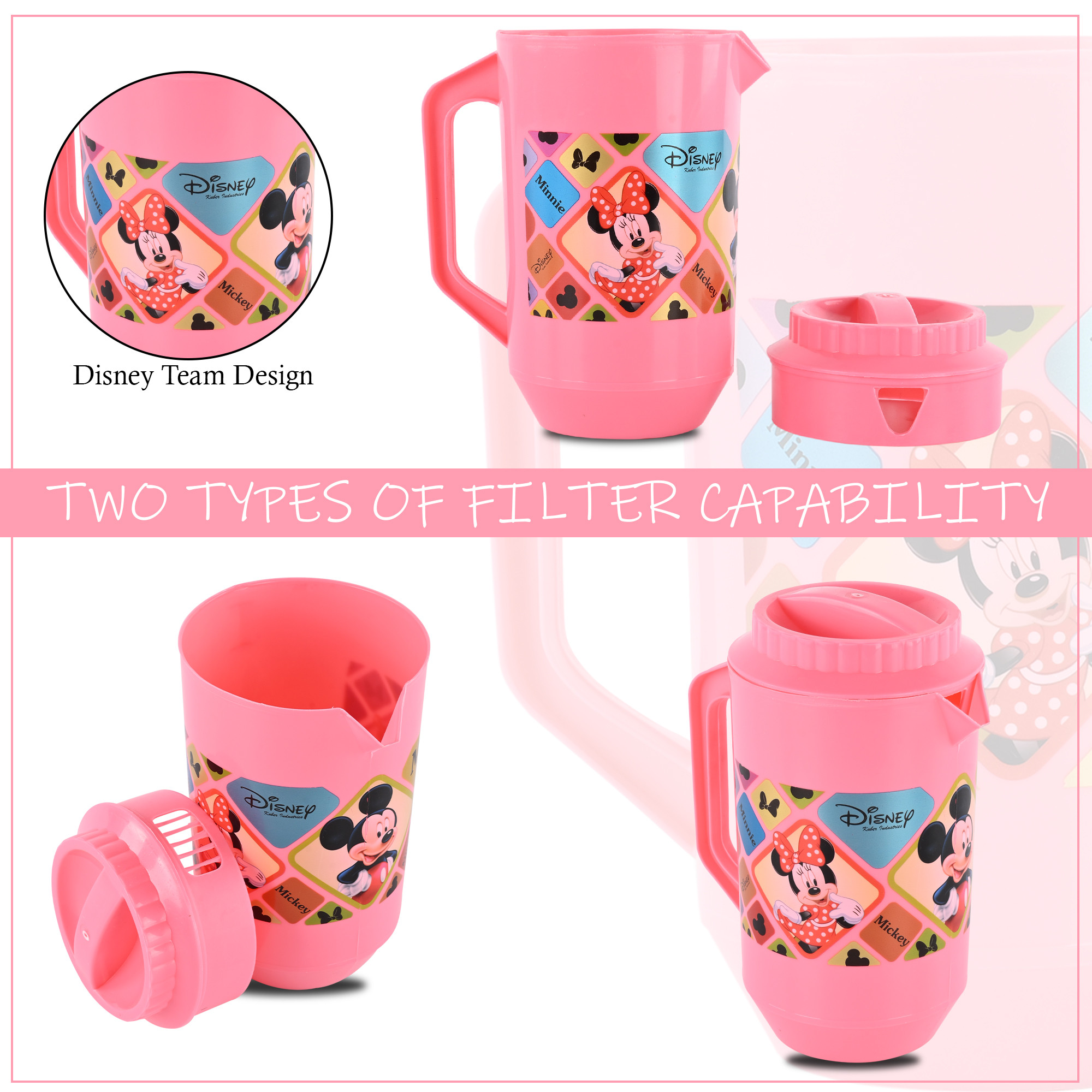 Kuber Industries  Pack of 2  Water Jug  2 LTR  Plastic Jug for Water  Check Disney  Water Dispenser  Juice Jug for Dining Table  Water Jug for Hotels  Restaurants  BPA-Free  Pink
