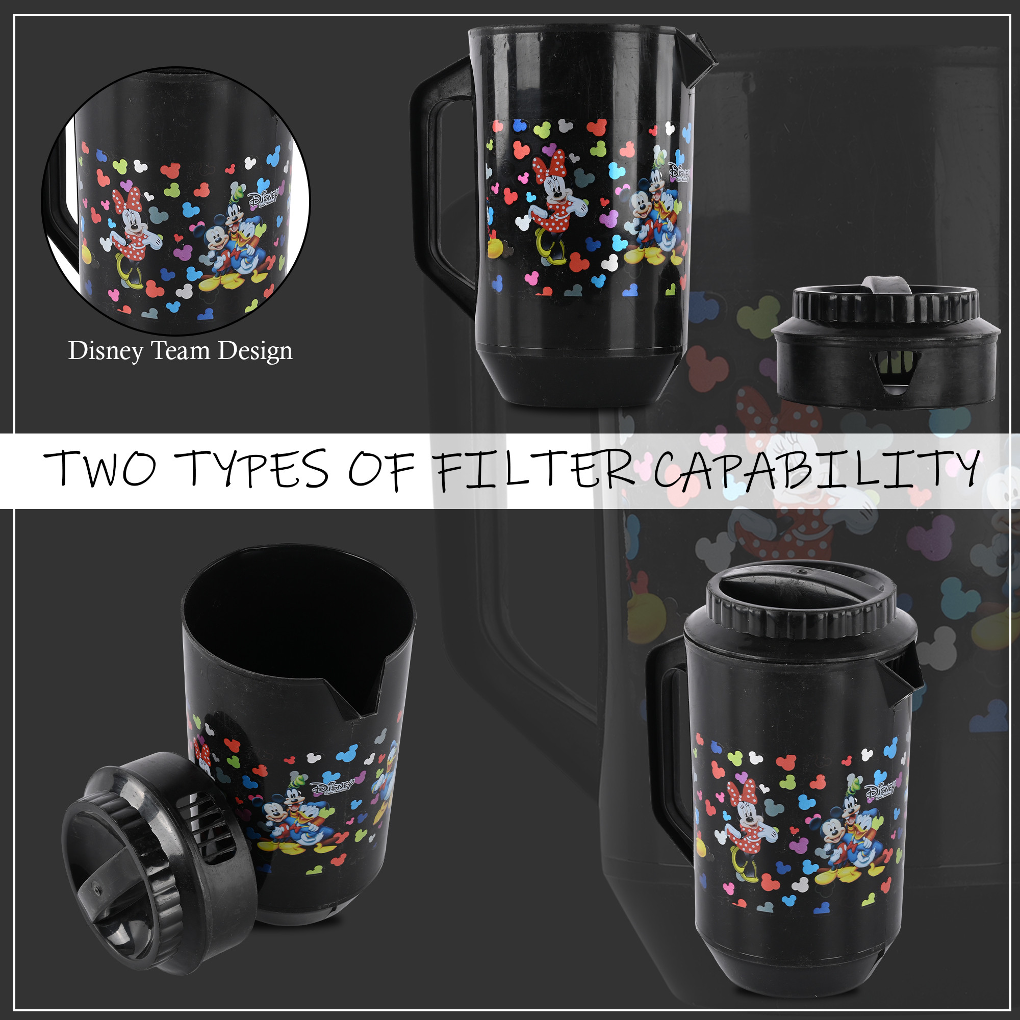 Kuber Industries  Pack of 2  Water Jug  2 LTR  Plastic Jug for Water  Disney Team  Water Dispenser  Juice Jug for Dining Table  Water Jug for Hotels  Restaurants  BPA-Free  Black