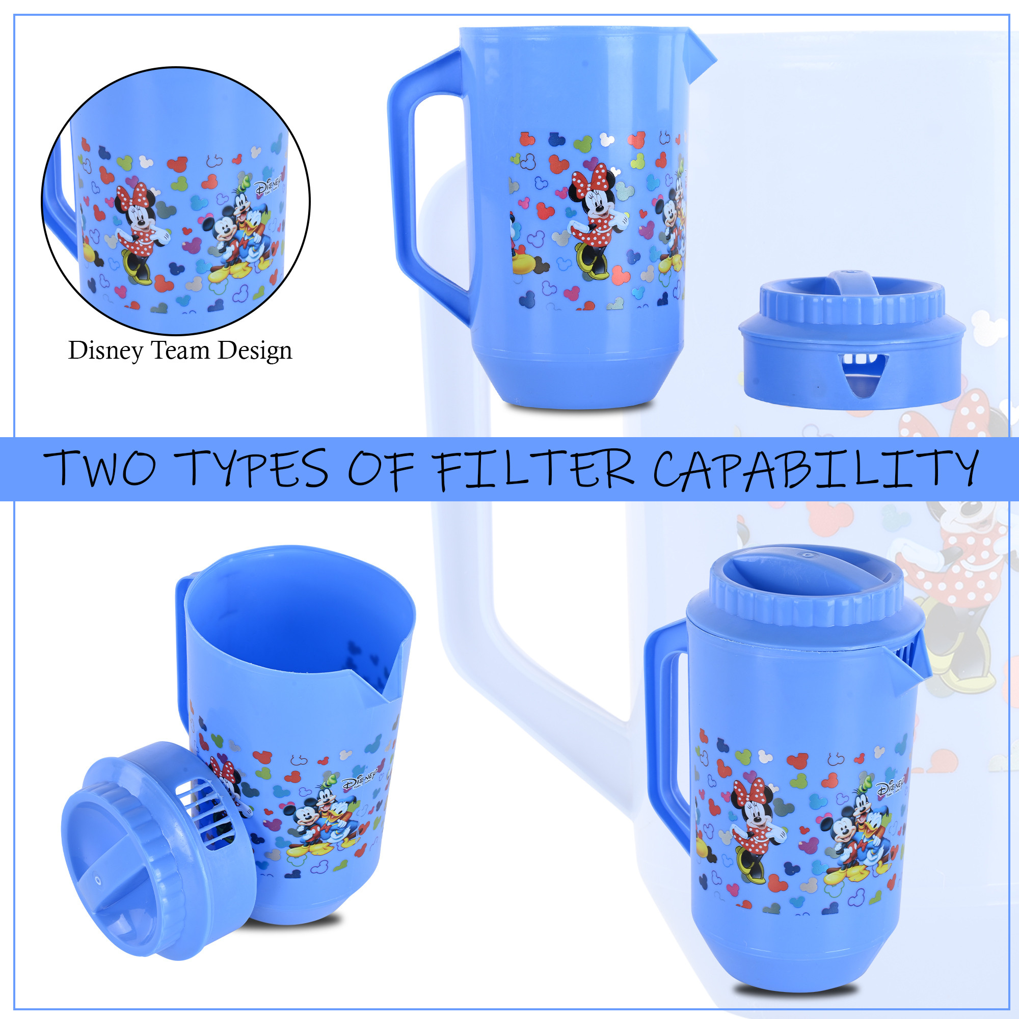 Kuber Industries  Pack of 2  Water Jug  2 LTR  Plastic Jug for Water  Disney Team  Water Dispenser  Juice Jug for Dining Table  Water Jug for Hotels  Restaurants  BPA-Free  Blue