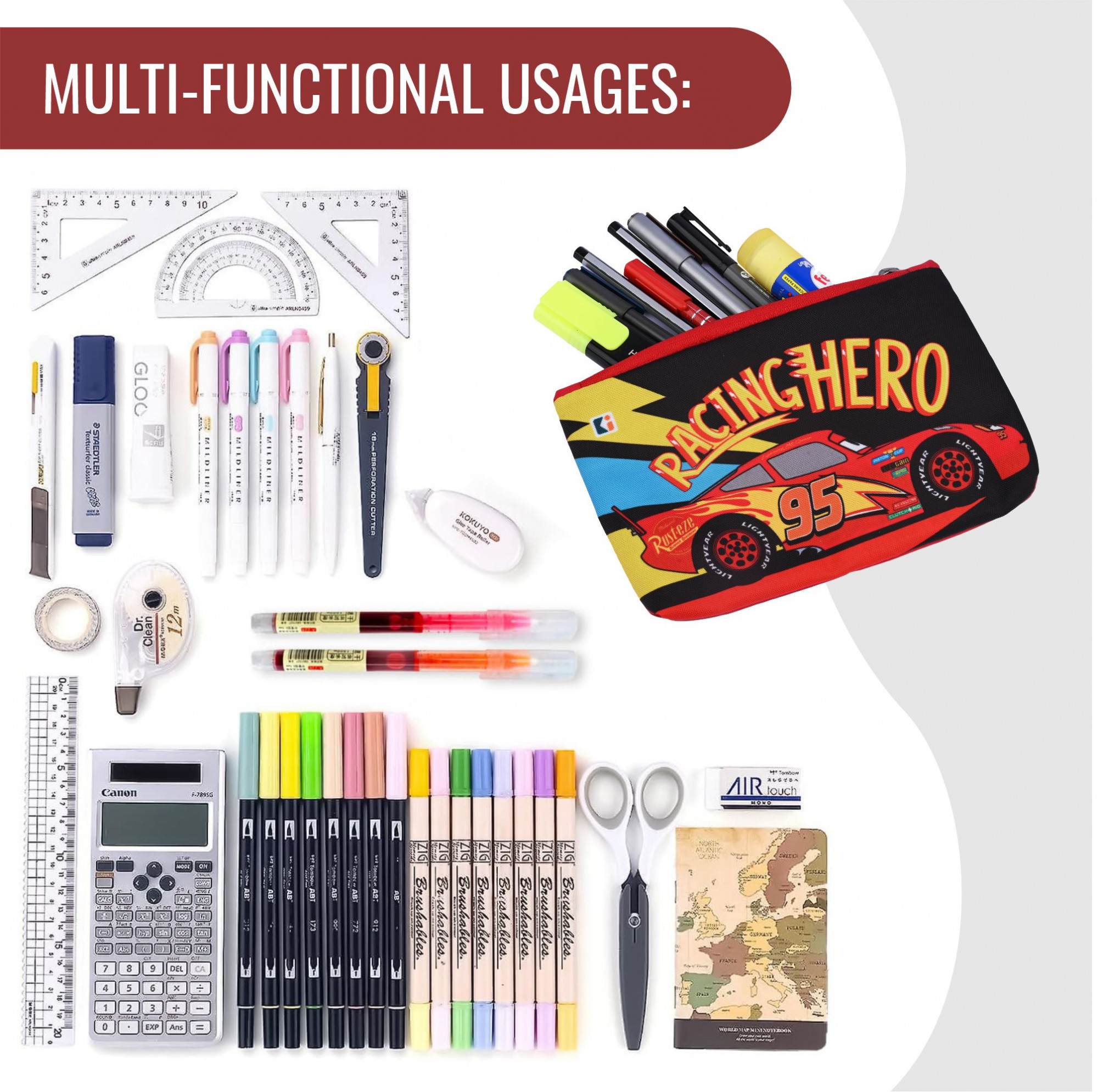 Kuber Industries  Pencil Pouch  Square Stationary Pouch  Pen-Pencil Box for Kids  School Geometry Pouch  Pencil Utility Bag  Zipper Pencil Organizer  Disney-Racing Car  Red