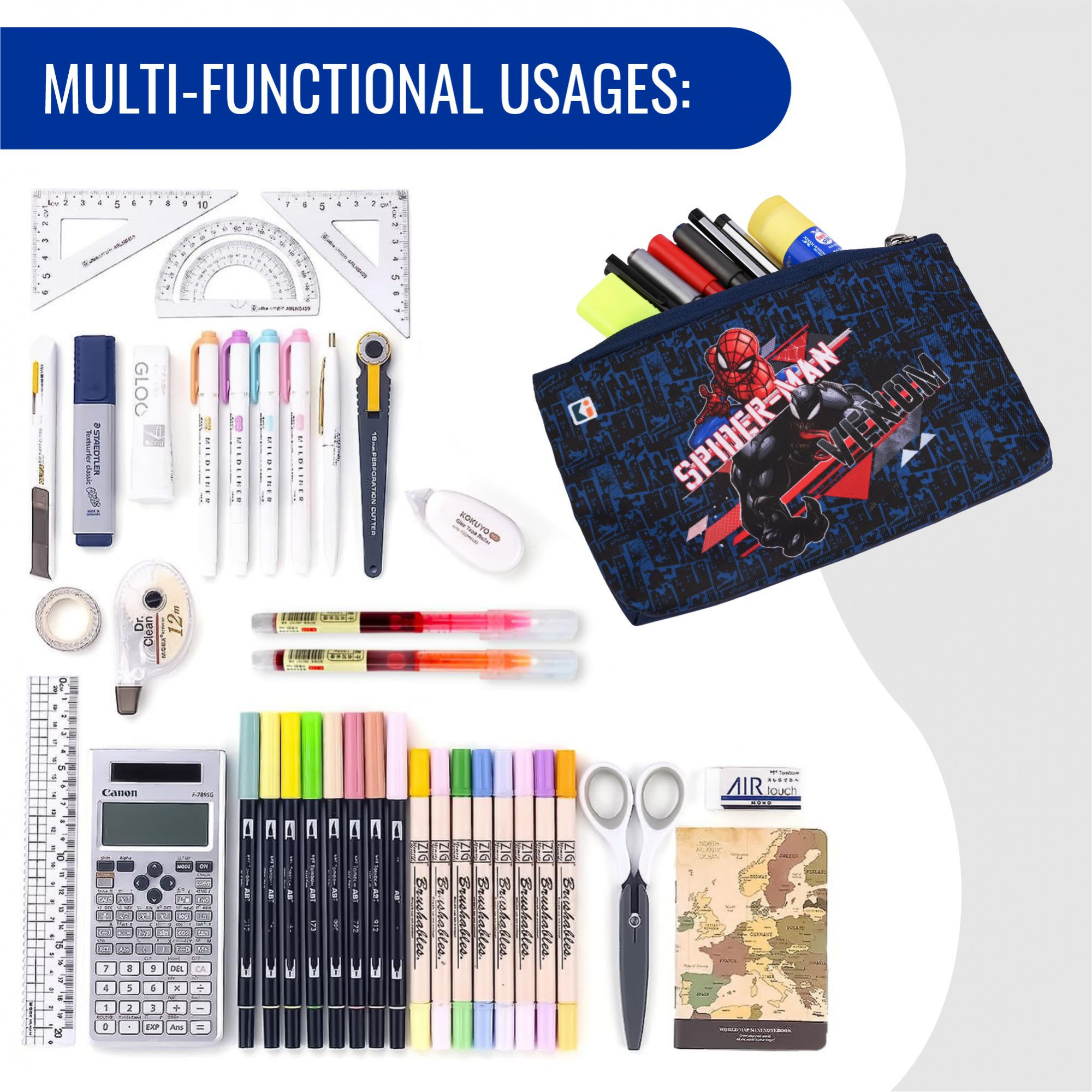 Kuber Industries  Pencil Pouch  Square Stationary Pouch  Pen-Pencil Box for Kids  School Geometry Pouch  Pencil Utility Bag  Zipper Pencil Organizer  Marvel Spider-Man  Navy Blue