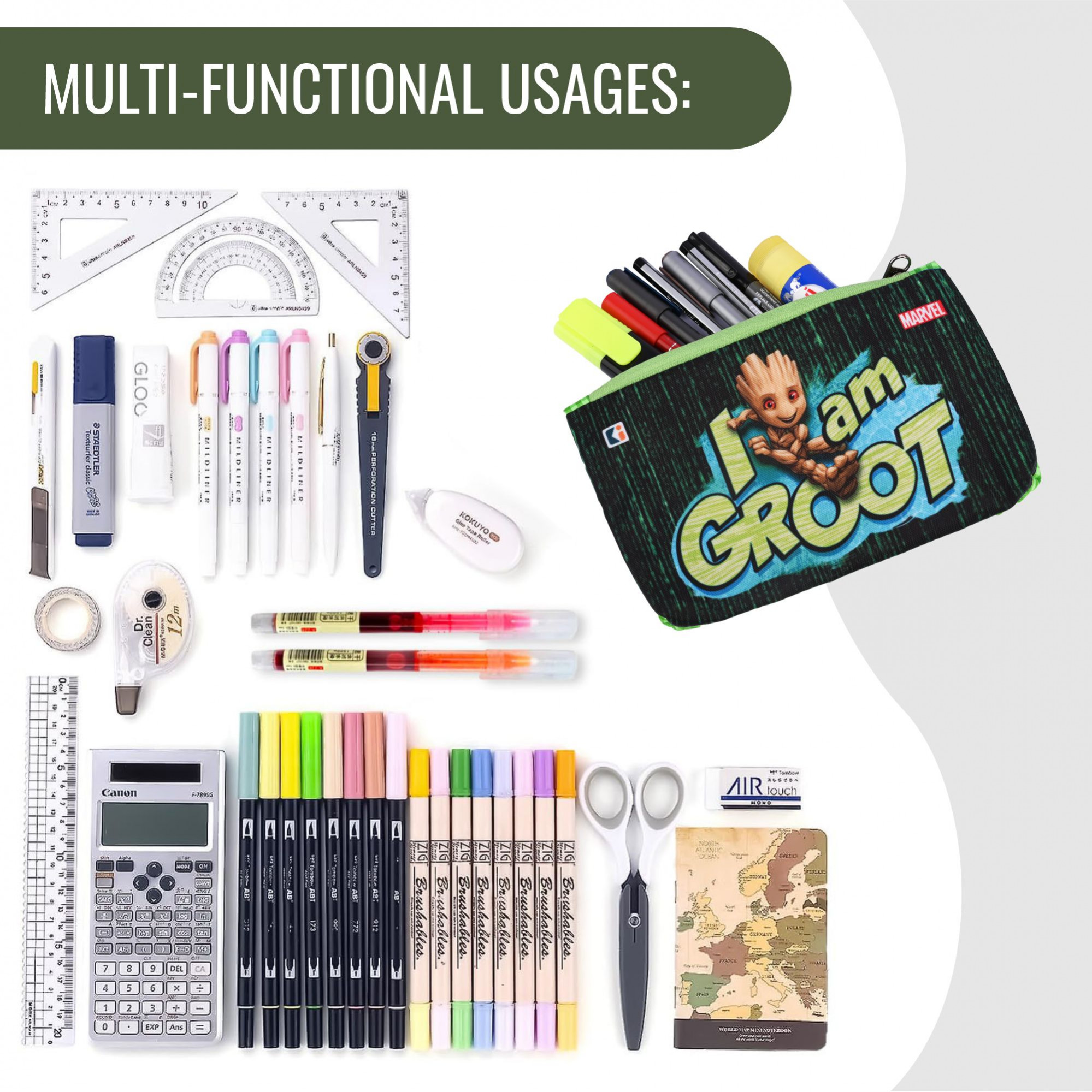 Kuber Industries  Pencil Pouch  Square Stationary Pouch  Pen-Pencil Box for Kids  School Geometry Pouch  Pencil Utility Bag  Zipper Pencil Organizer  Marvel I am Groot  Green