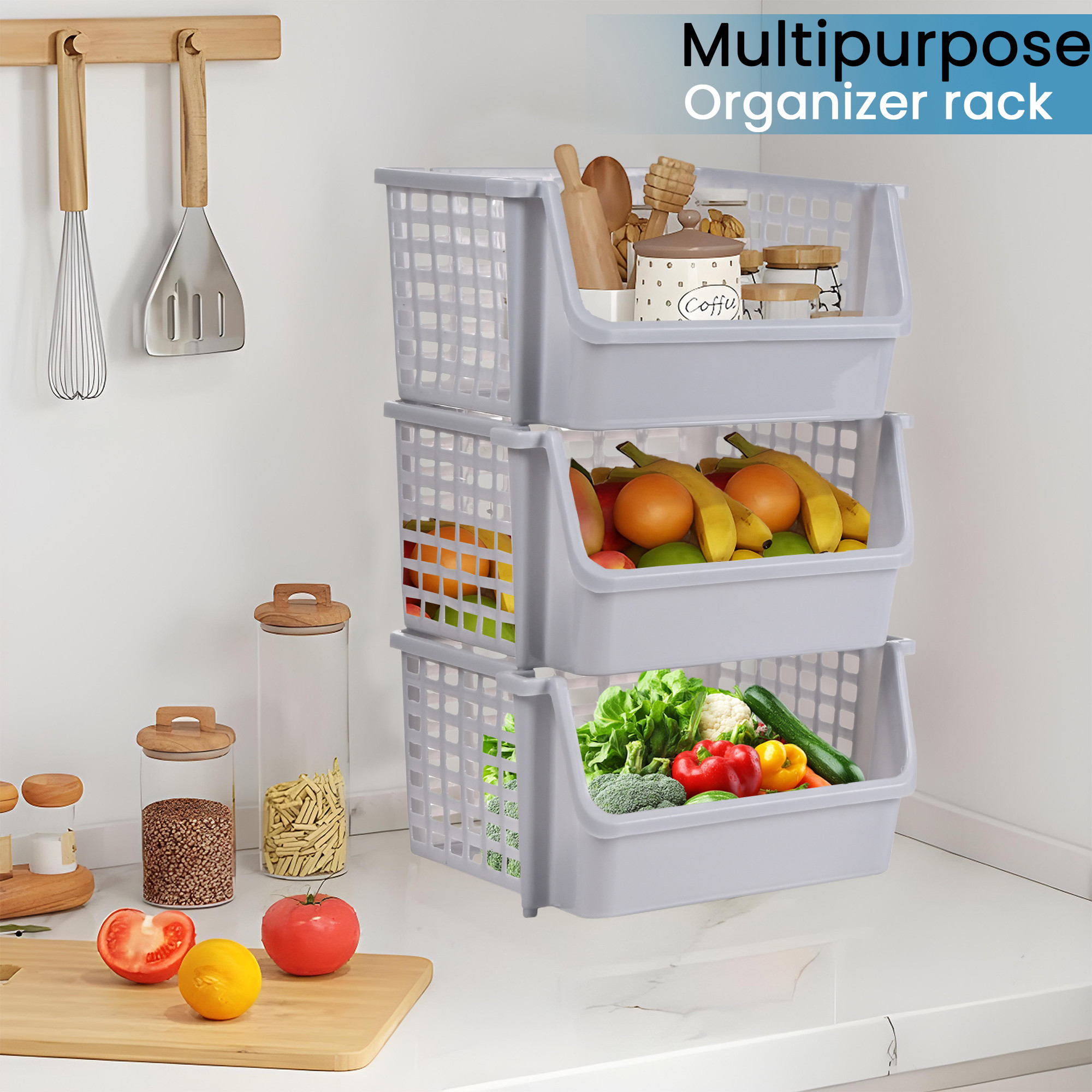 Kuber Industries  Plastic Bathroom Organiser Rack for Storage  Stackable Rack for Kitchen  Home  Office Stationery Organizer  Basket Shelf for Vegetable and Fruits  Light Grey