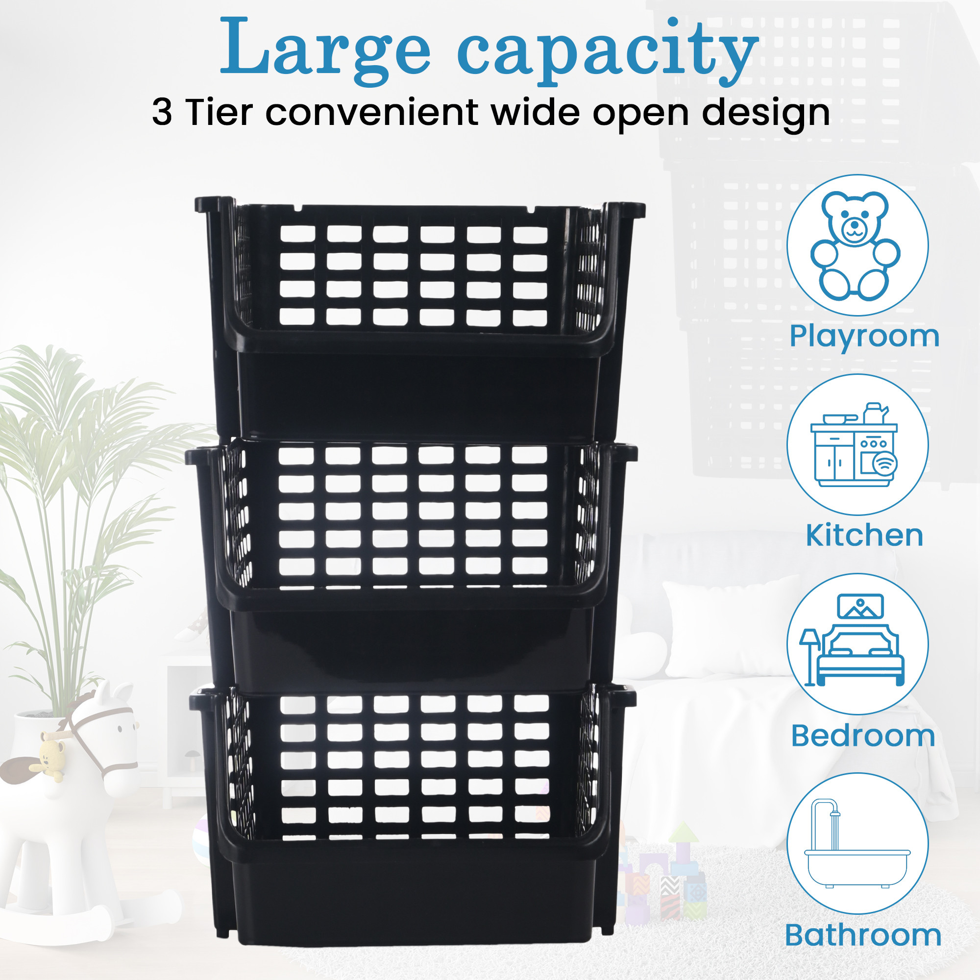 Kuber Industries  Plastic Bathroom Organiser Rack for Storage  Stackable Rack for Kitchen  Home  Office Stationery Organizer  Basket Shelf for Vegetable and Fruits  Black