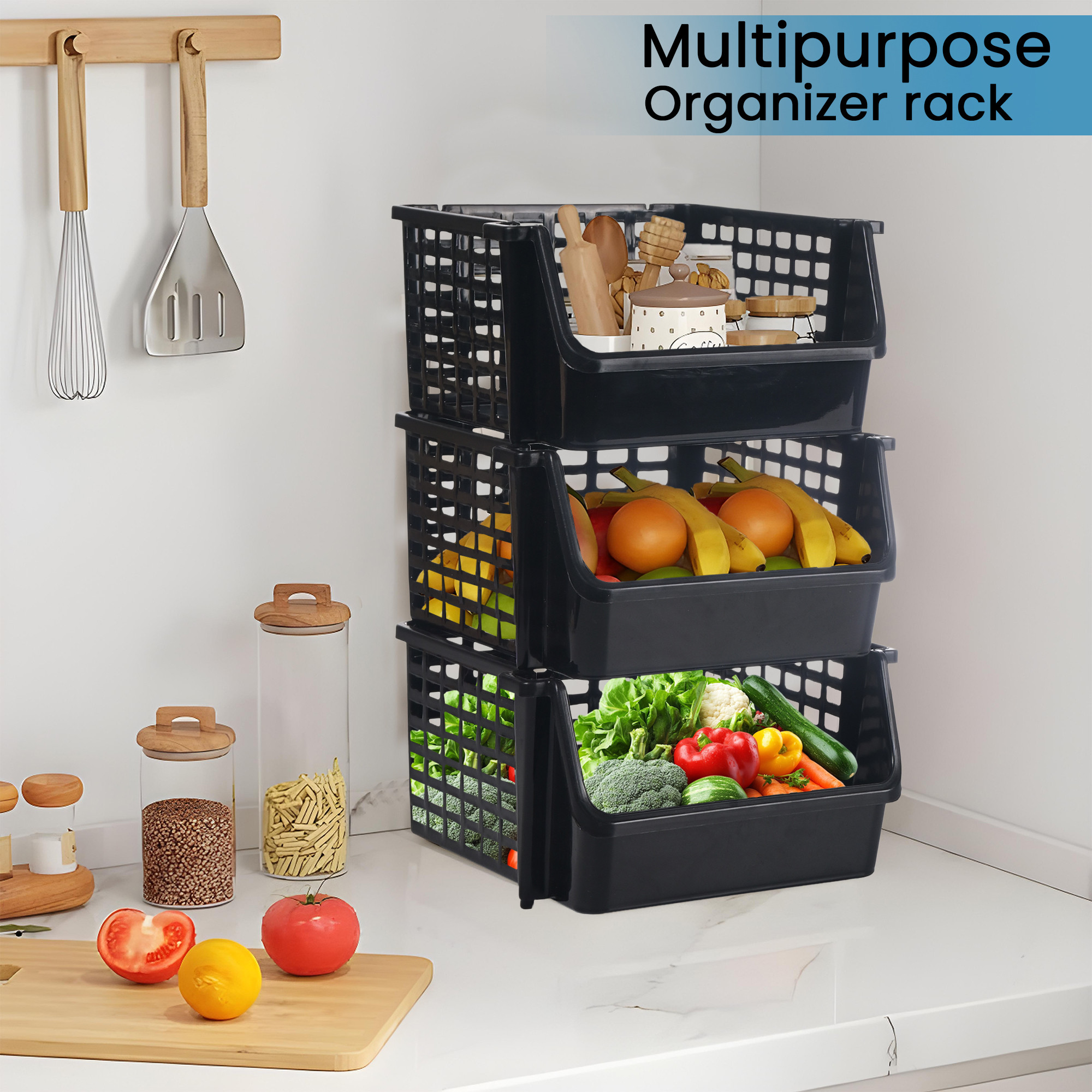 Kuber Industries  Plastic Bathroom Organiser Rack for Storage  Stackable Rack for Kitchen  Home  Office Stationery Organizer  Basket Shelf for Vegetable and Fruits  Black