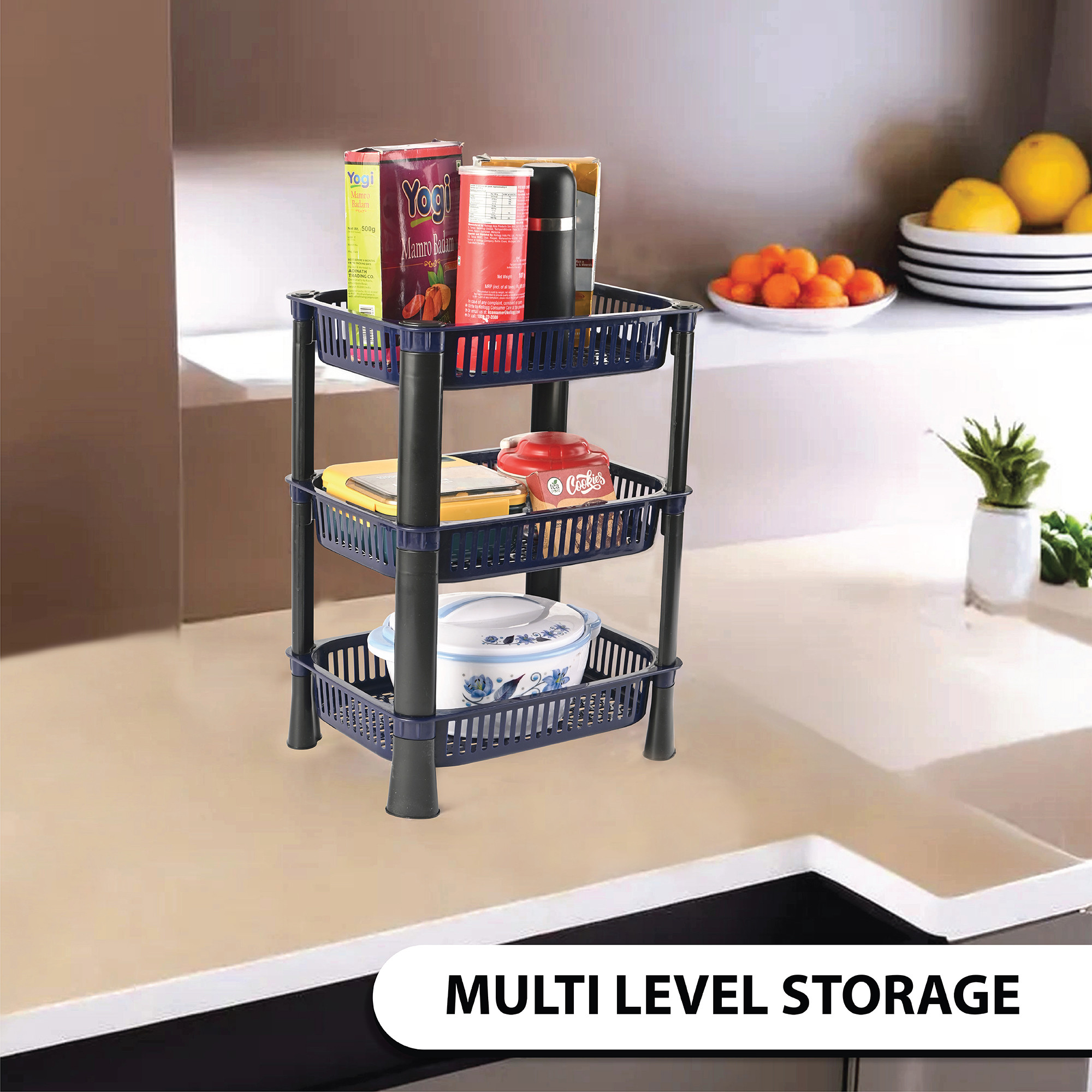 Kuber Industries  Plastic Fruits  Vegetable Rack for Kitchen  Stackable Grocery Organiser for Kitchen  Onion Potato Basket  Ideal for Spices Snacks  Pantry Items  Blue