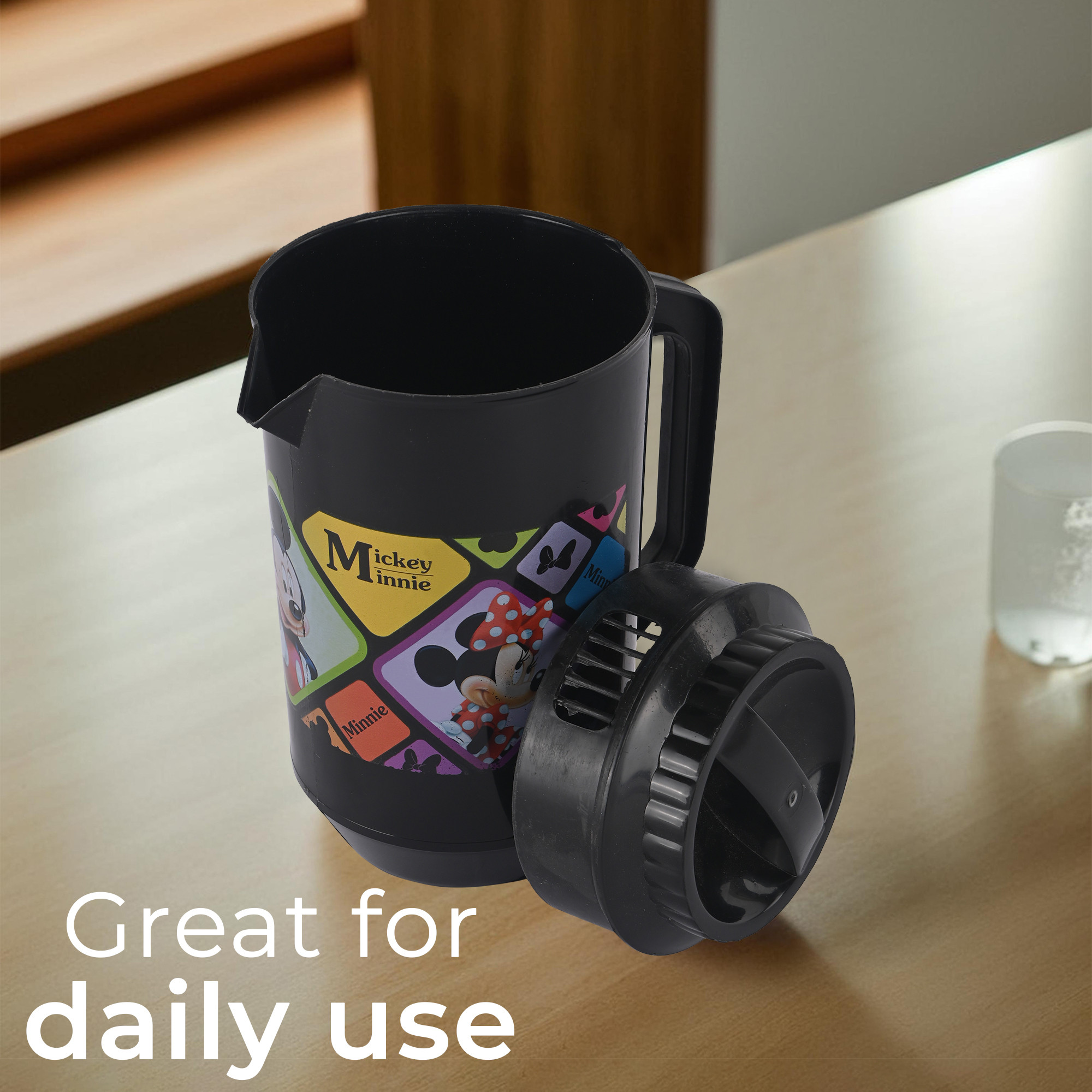 Kuber Industries  Plastic Jug for Kitchen  2 Ltr  Multipurpose Jug for Water Milk  Juice  Perfect for Daily Use in Kitchen Home Office  Events  Disney Check- Black