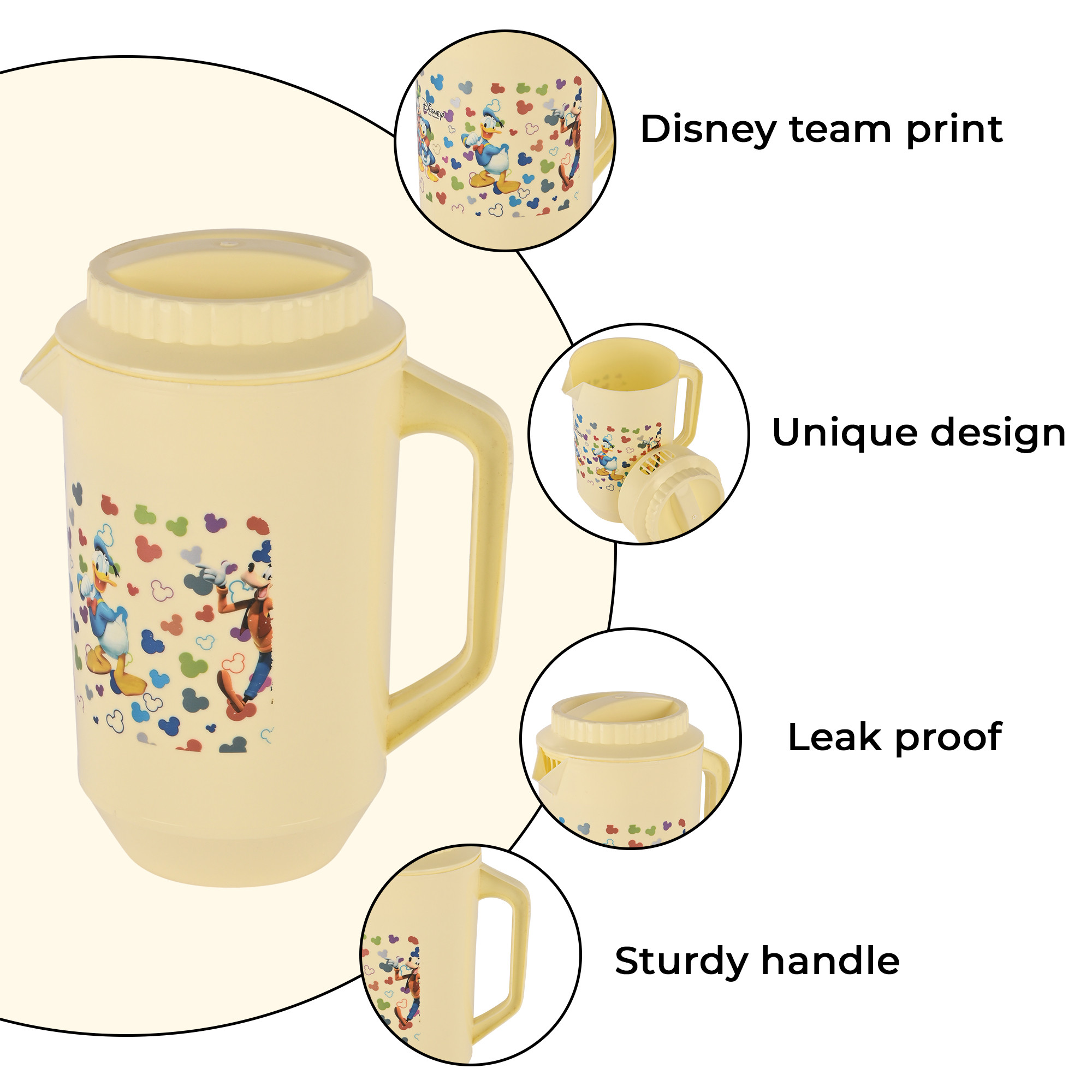 Kuber Industries  Plastic Jug for Kitchen  2 Ltr  Multipurpose Jug for Water Milk  Juice  Perfect for Daily Use in Kitchen Home Office  Events  Disney Team- Cream