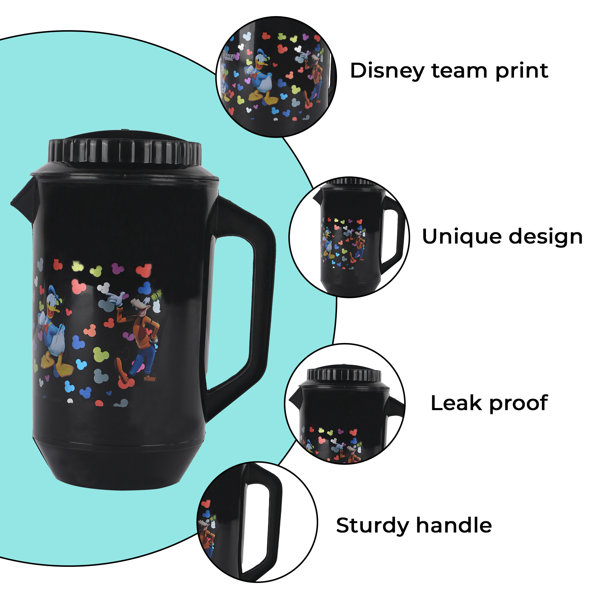 Kuber Industries  Plastic Jug for Kitchen  2 Ltr  Multipurpose Jug for Water Milk  Juice  Perfect for Daily Use in Kitchen Home Office  Events  Disney Team- Black